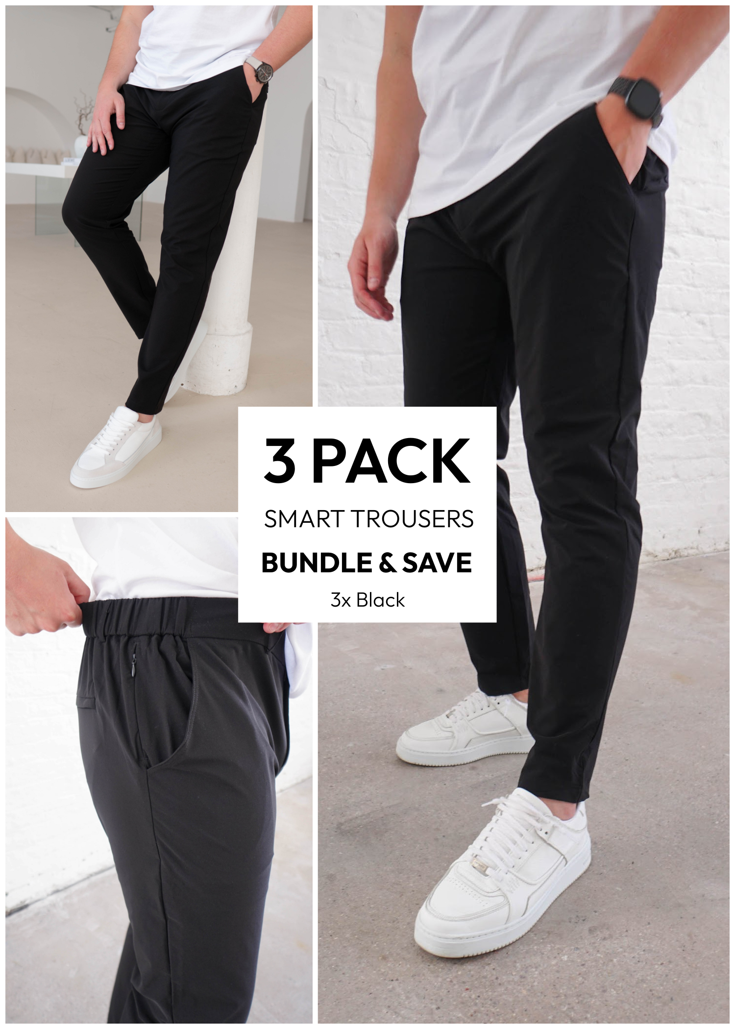 Smart Stretch Trousers In Black 3 Pack