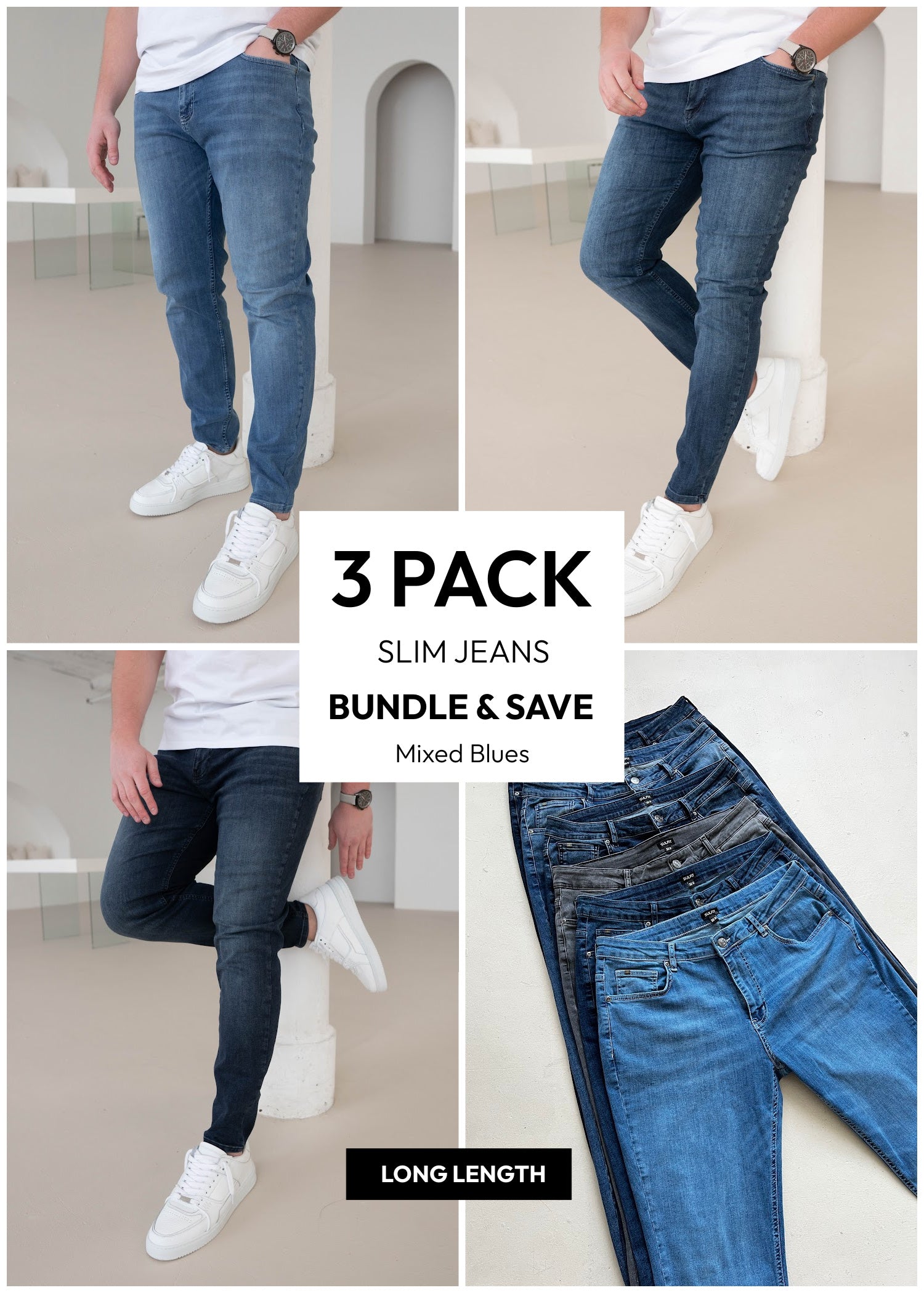 Slim Comfort Jeans Light Blue, Mid Blue, Midnight Dark Blue 3 Pack (Long Length)