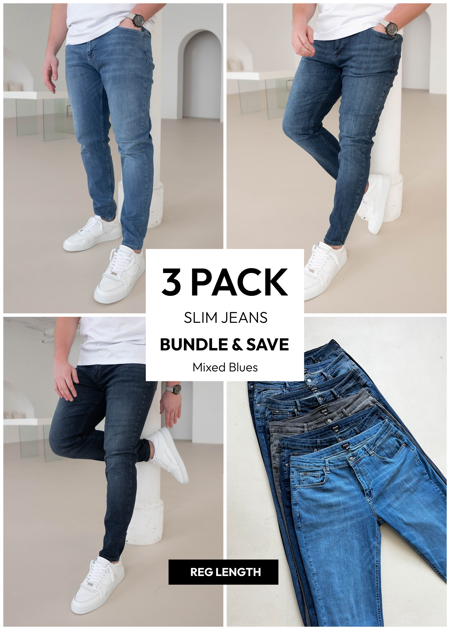Slim Comfort Jeans Light Blue, Mid Blue, Midnight Dark Blue 3 Pack (Reg Length)
