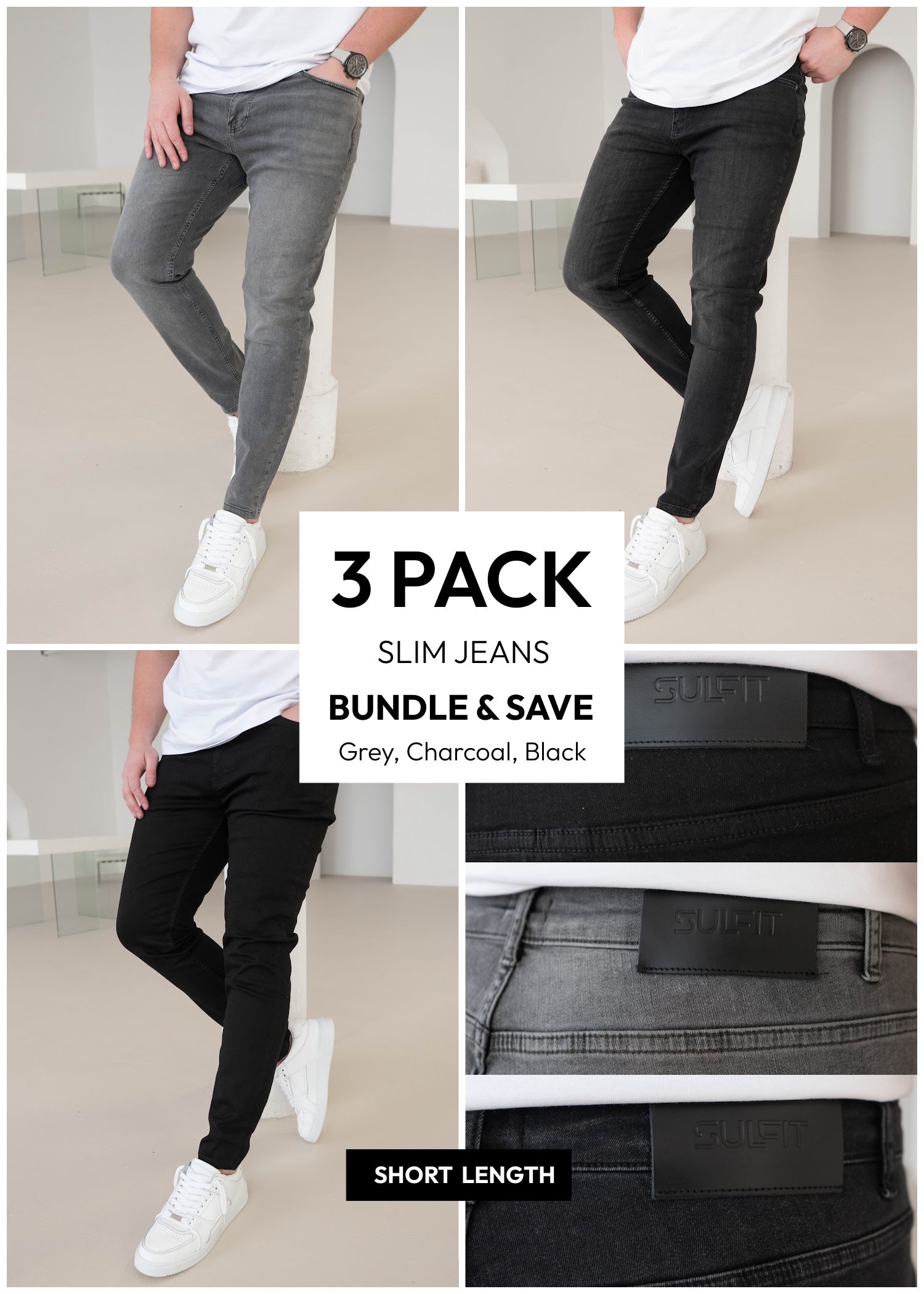 Slim Comfort Jeans Grey, Charcoal, Black 3 Pack (Short Length)