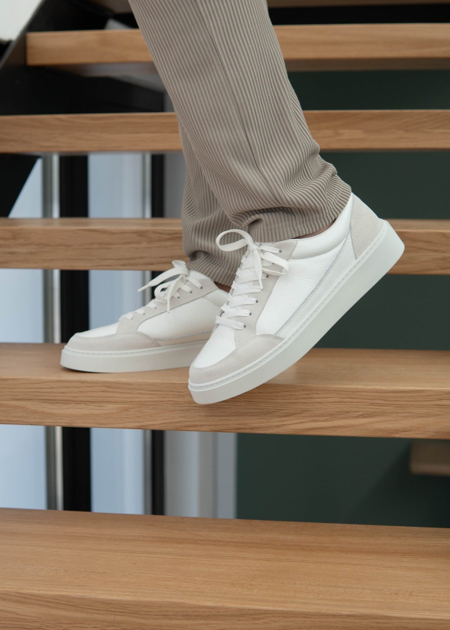 Premium Leather Trainer In White/Stone