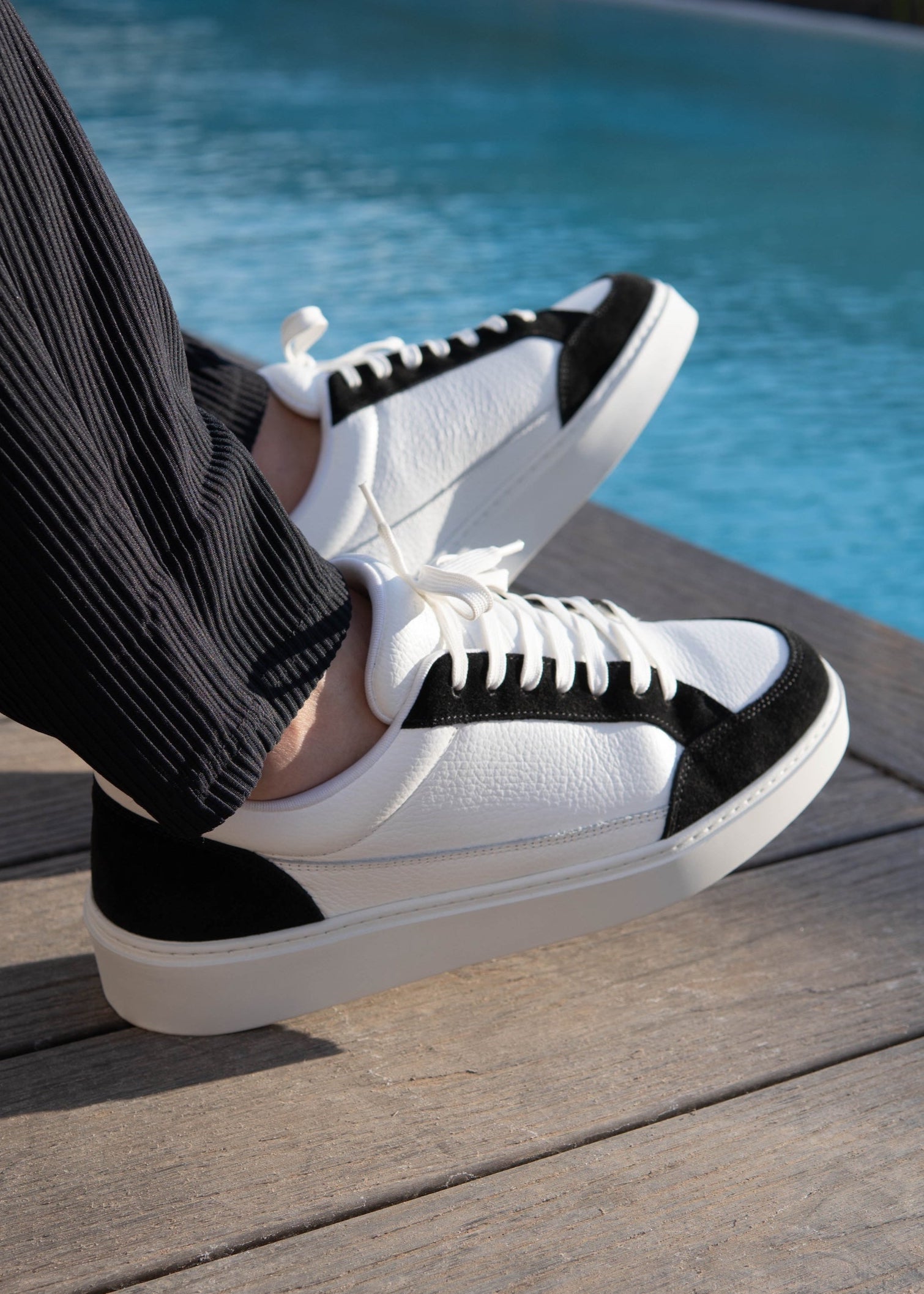 Premium Leather Trainer In White/Black Suede
