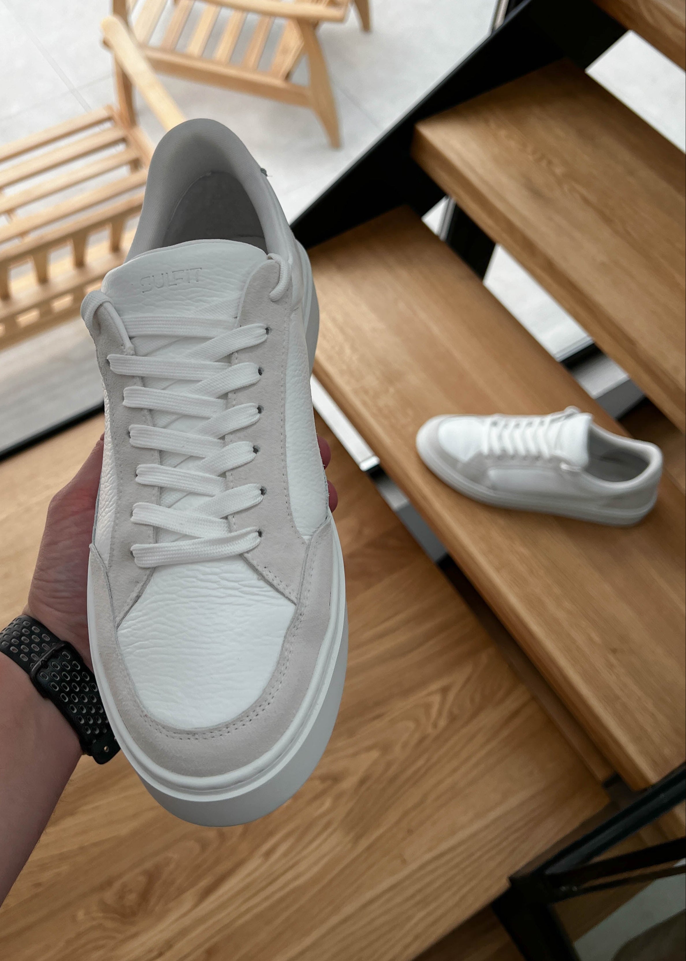 Premium Leather Trainer In White/Stone