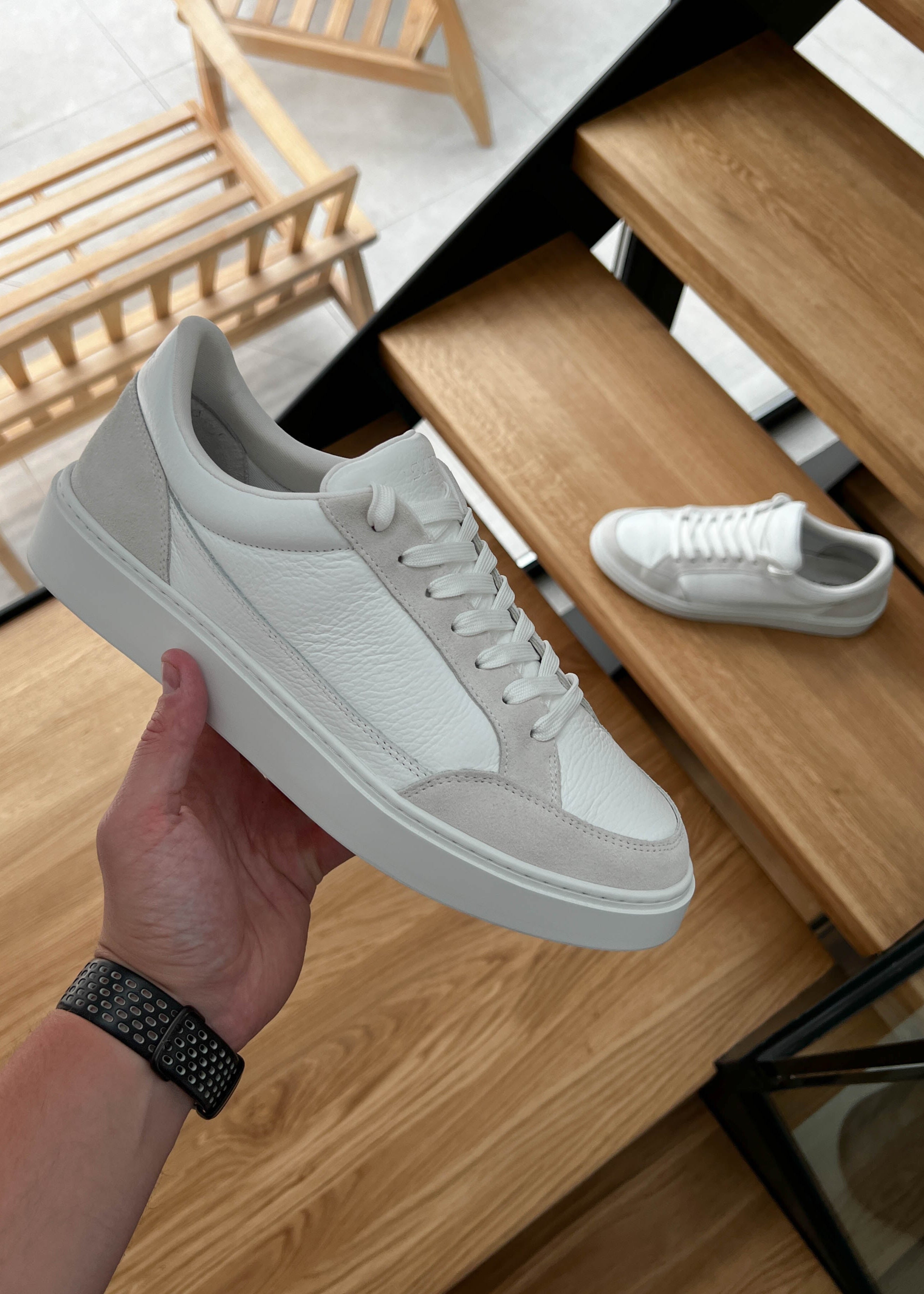 Premium Leather Trainer In White/Stone