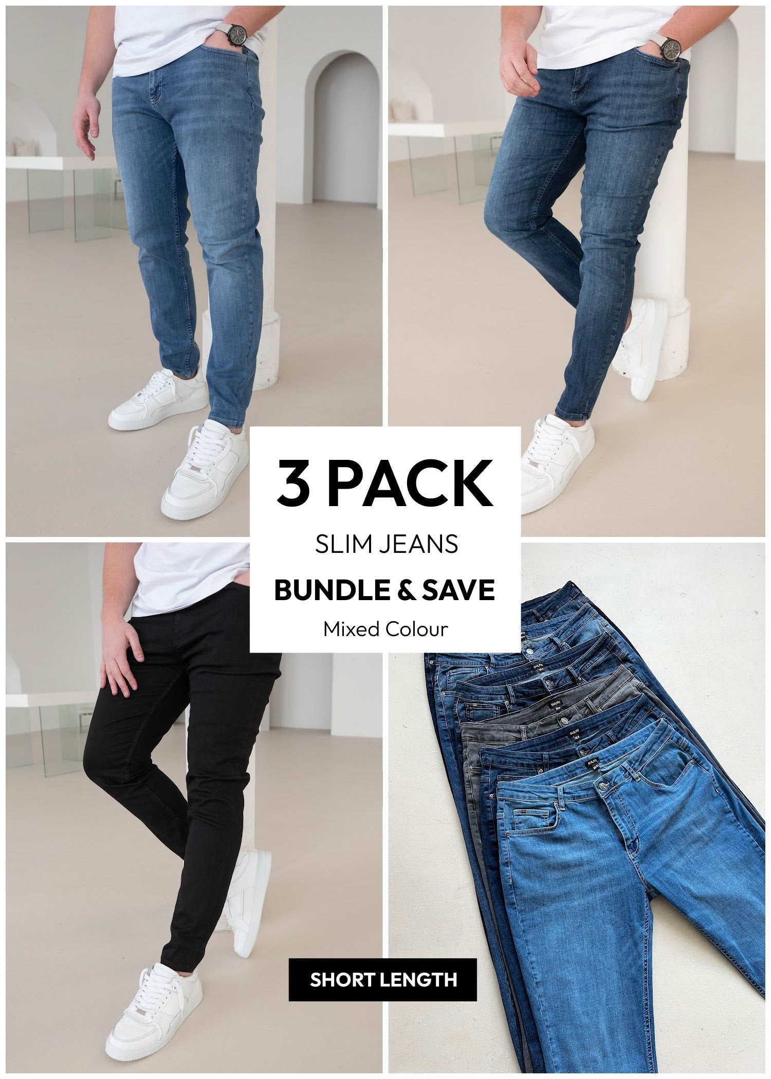 Slim Comfort Jeans Mixed Colour 3 Pack (Short Length)
