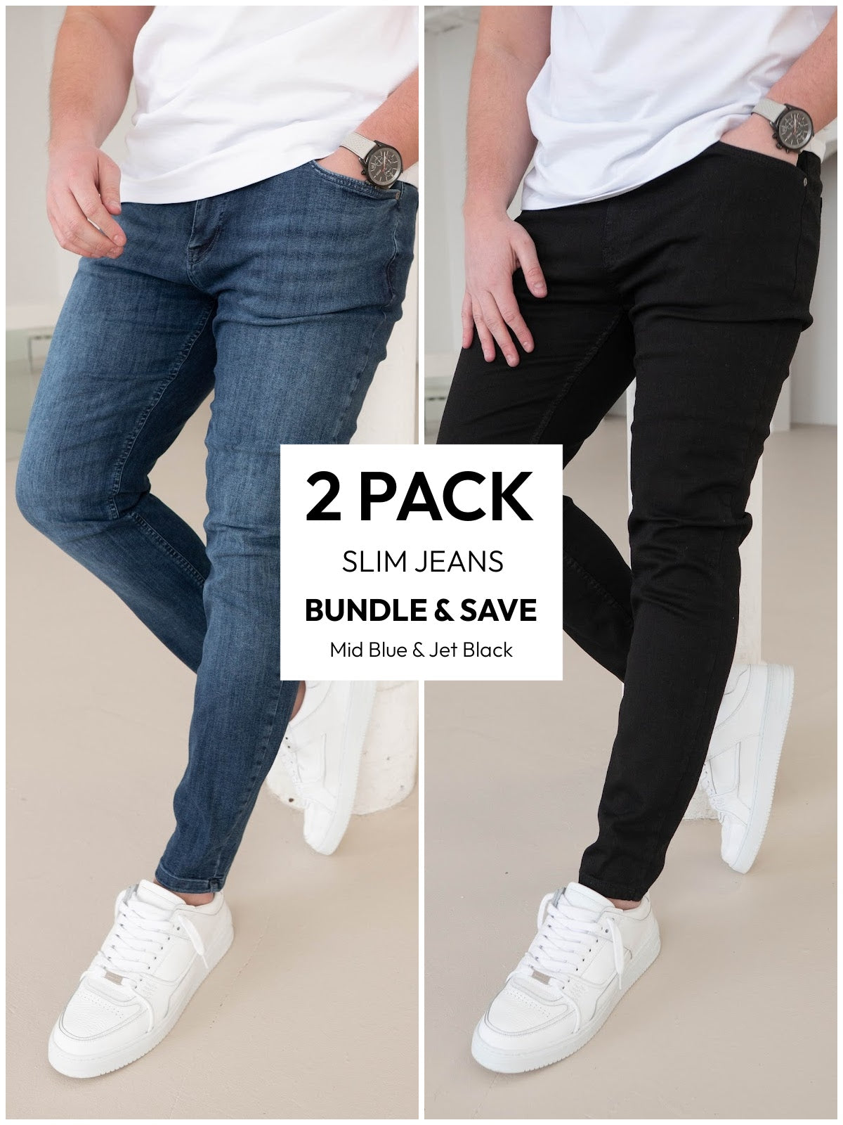 Slim Comfort Jeans Mid Blue & Jet Black 2 Pack