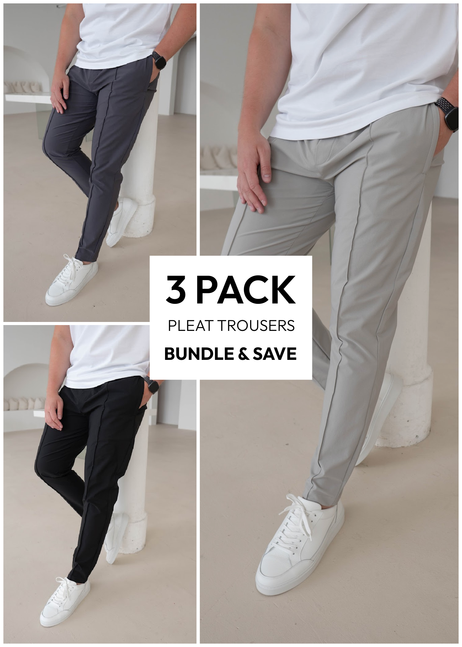 Smart Pleat Trousers Mixed Colour 3 Pack