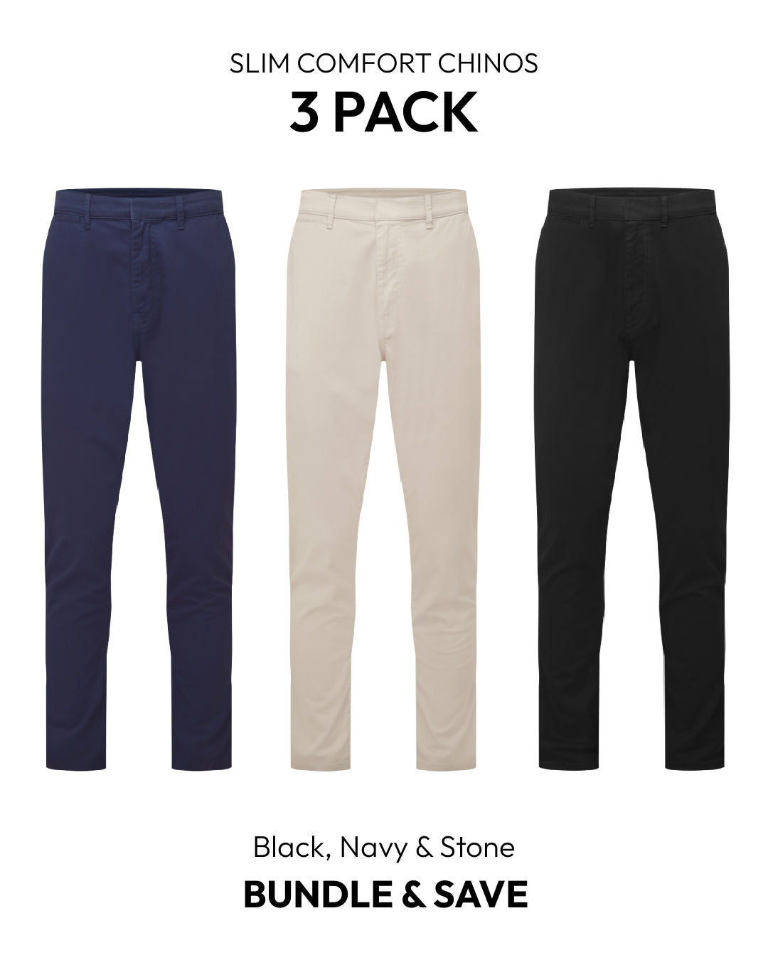 Slim Comfort Chinos Black, Navy & Stone 3 Pack