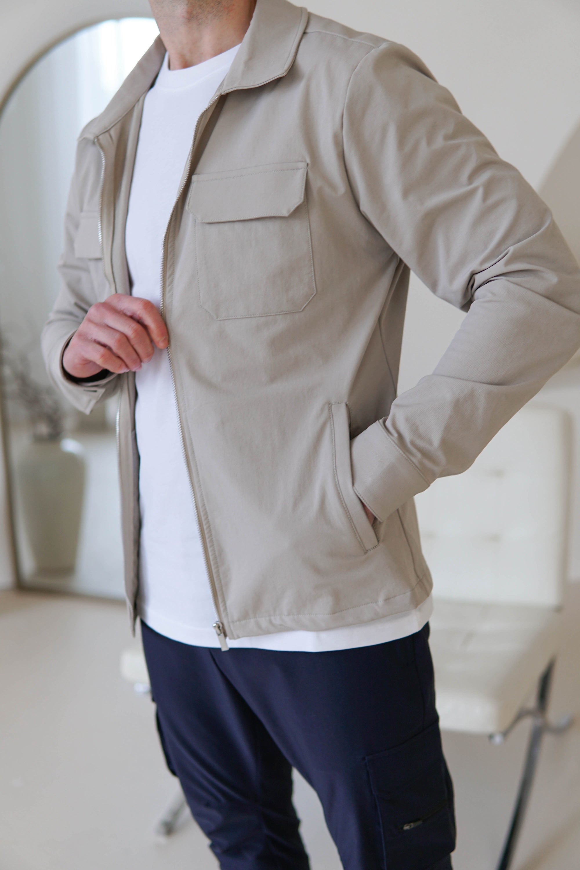 Tech Stretch Cargo Jacket In Stone