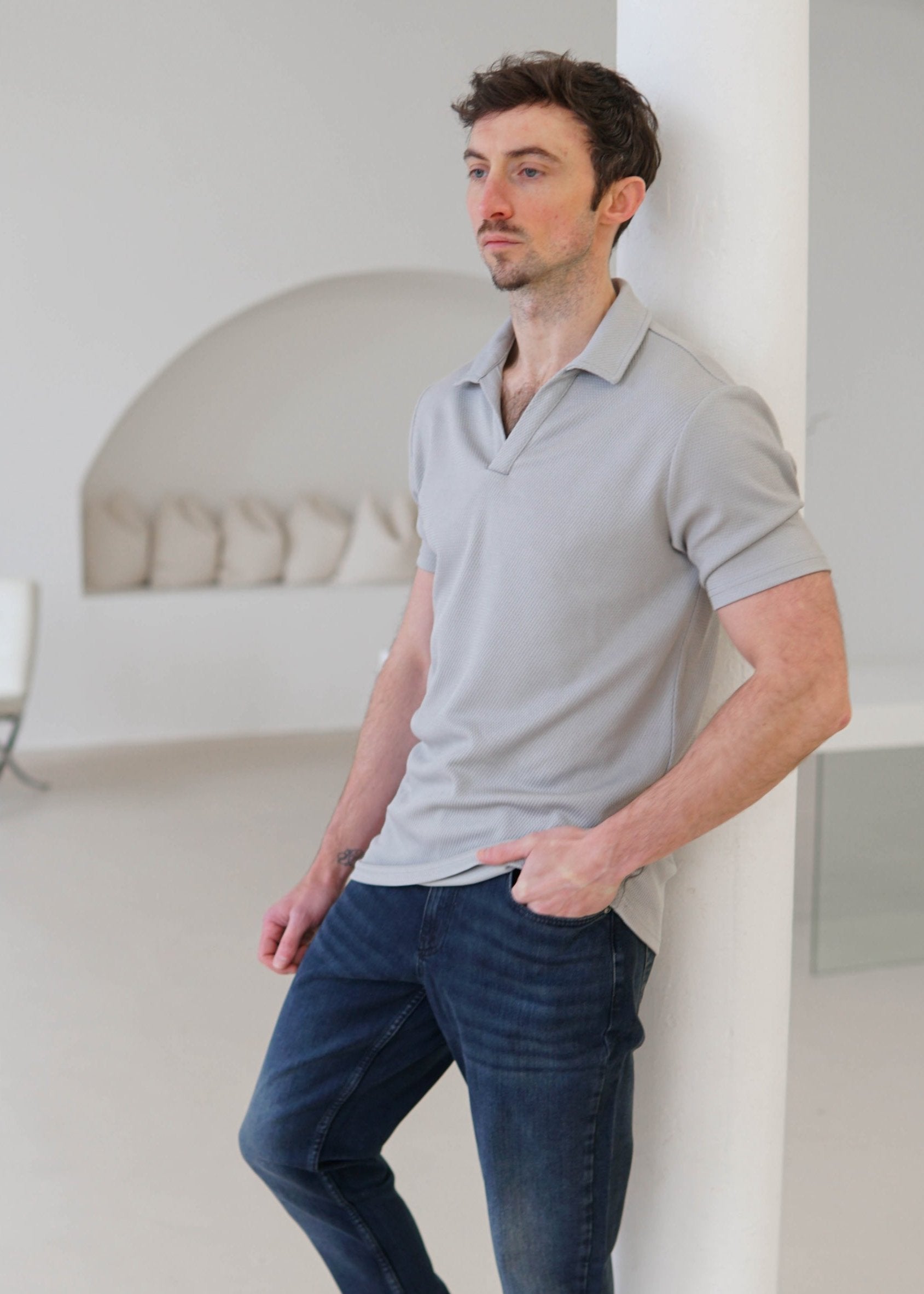 Luxe Open Collar Polo Shirt In Grey