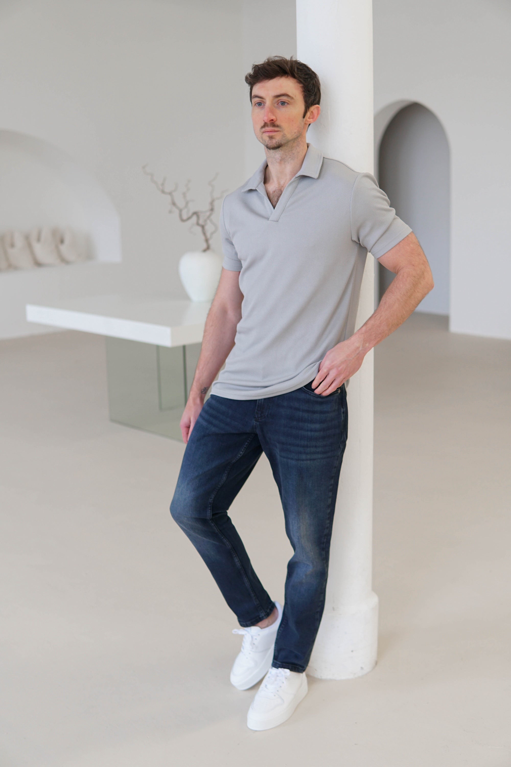 Luxe Open Collar Polo Shirt In Grey