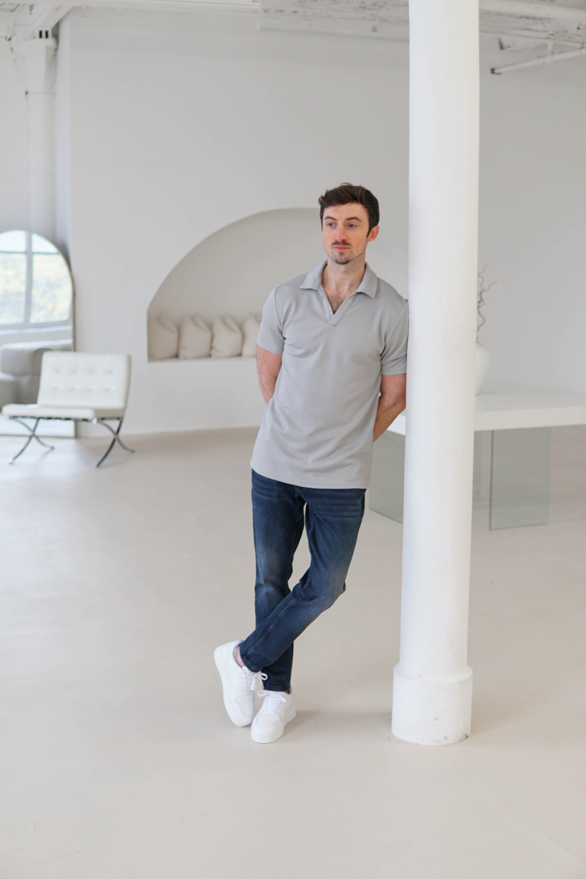 Luxe Open Collar Polo Shirt In Grey