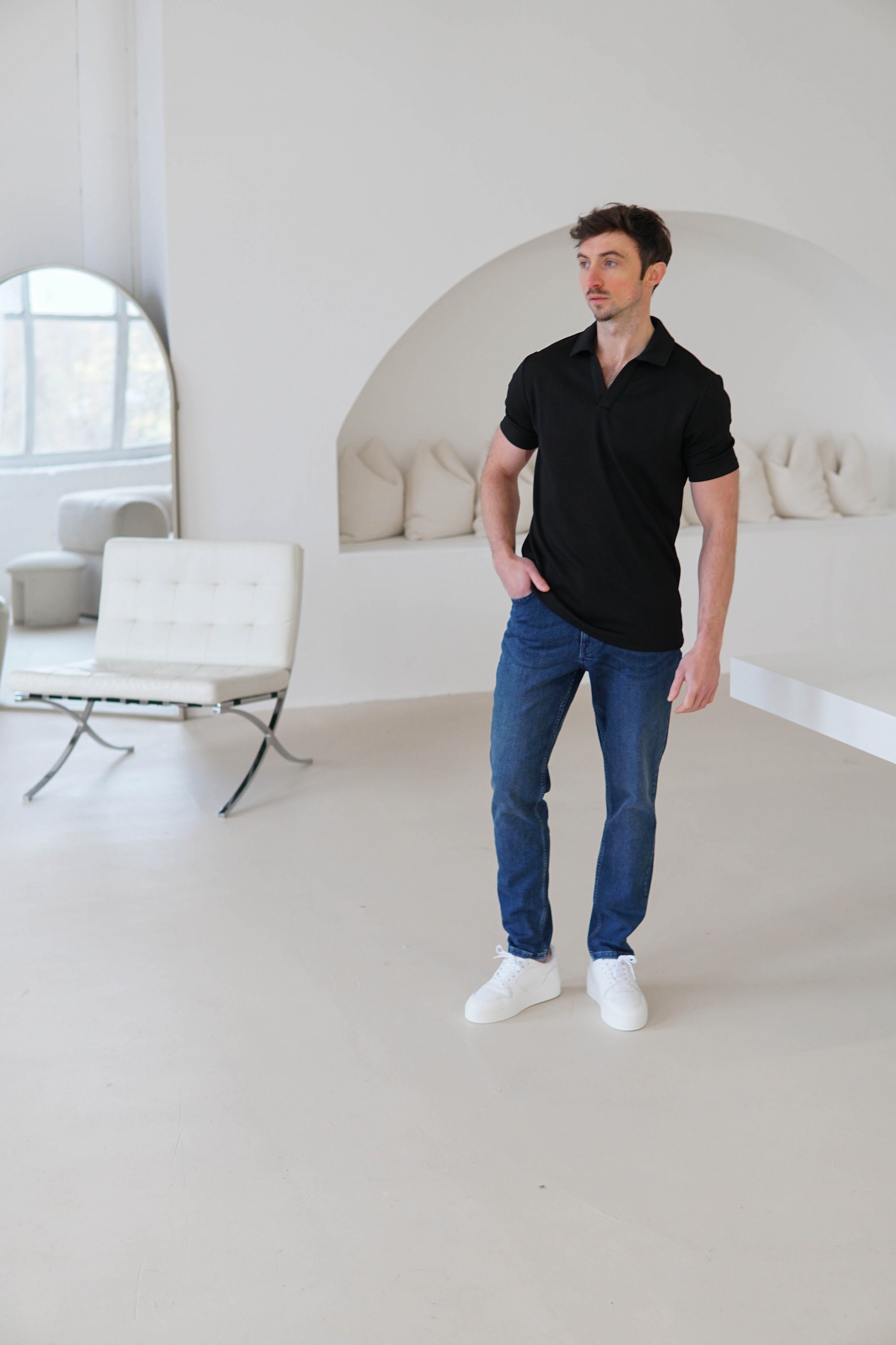 Luxe Open Collar Polo Shirt In Black