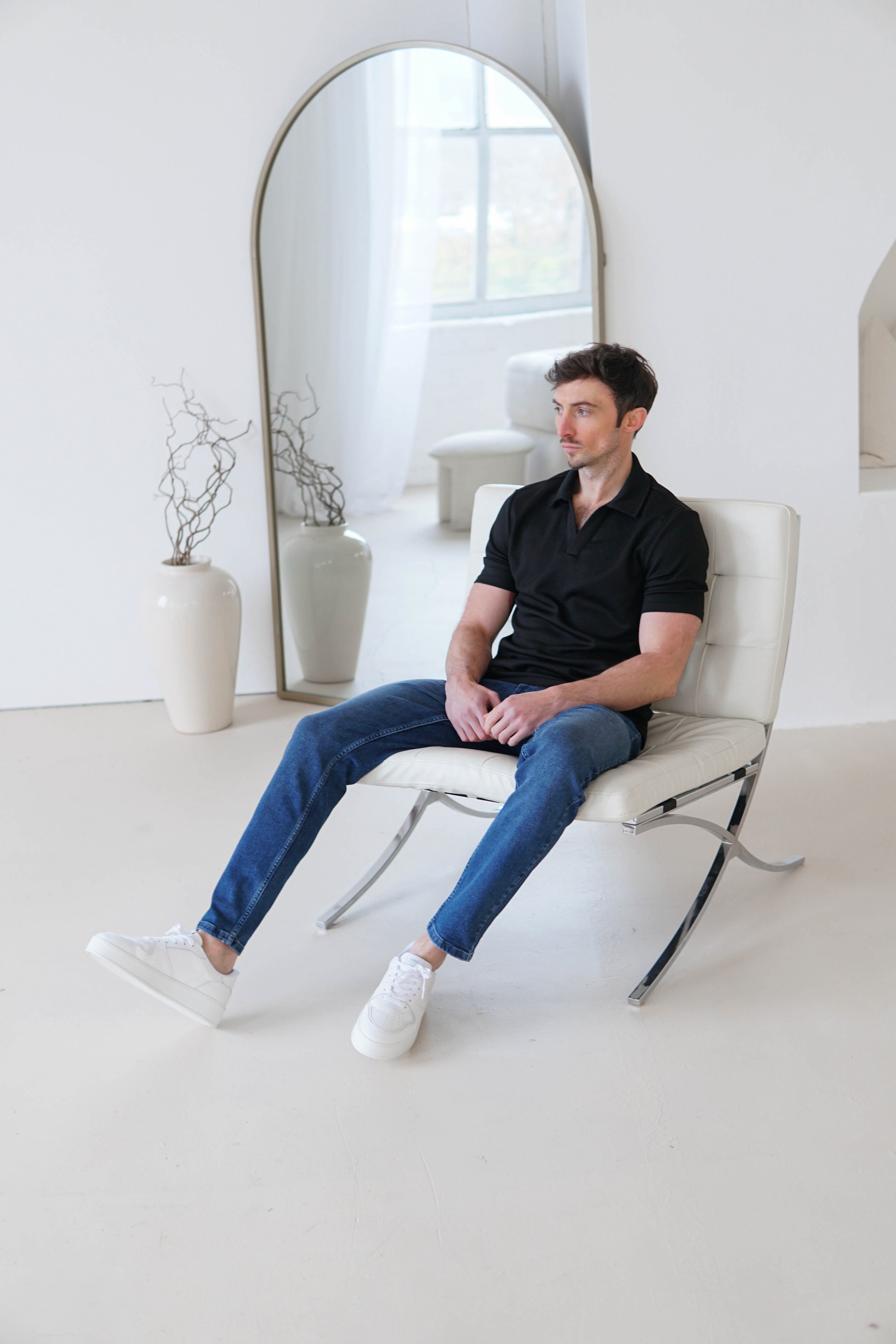 Luxe Open Collar Polo Shirt In Black