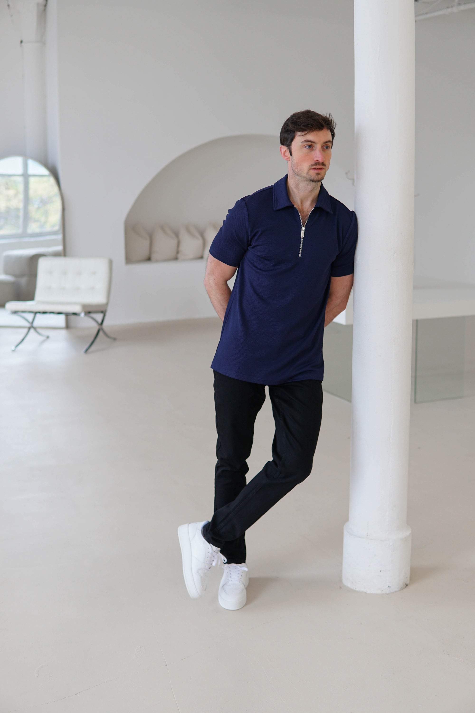 Luxe Zip Polo Shirt In Navy