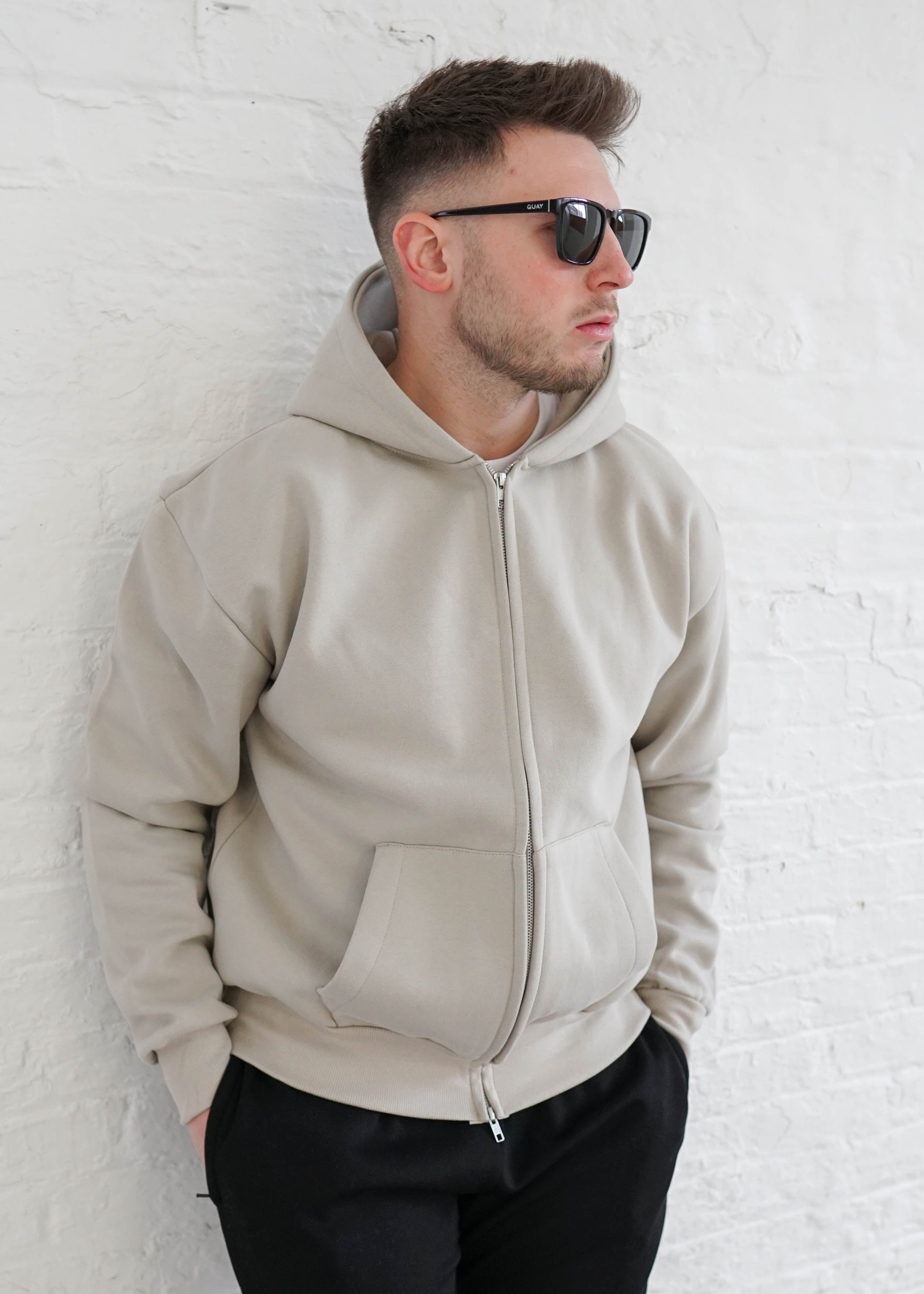Premium Relaxed Zip Hoodie In Stone