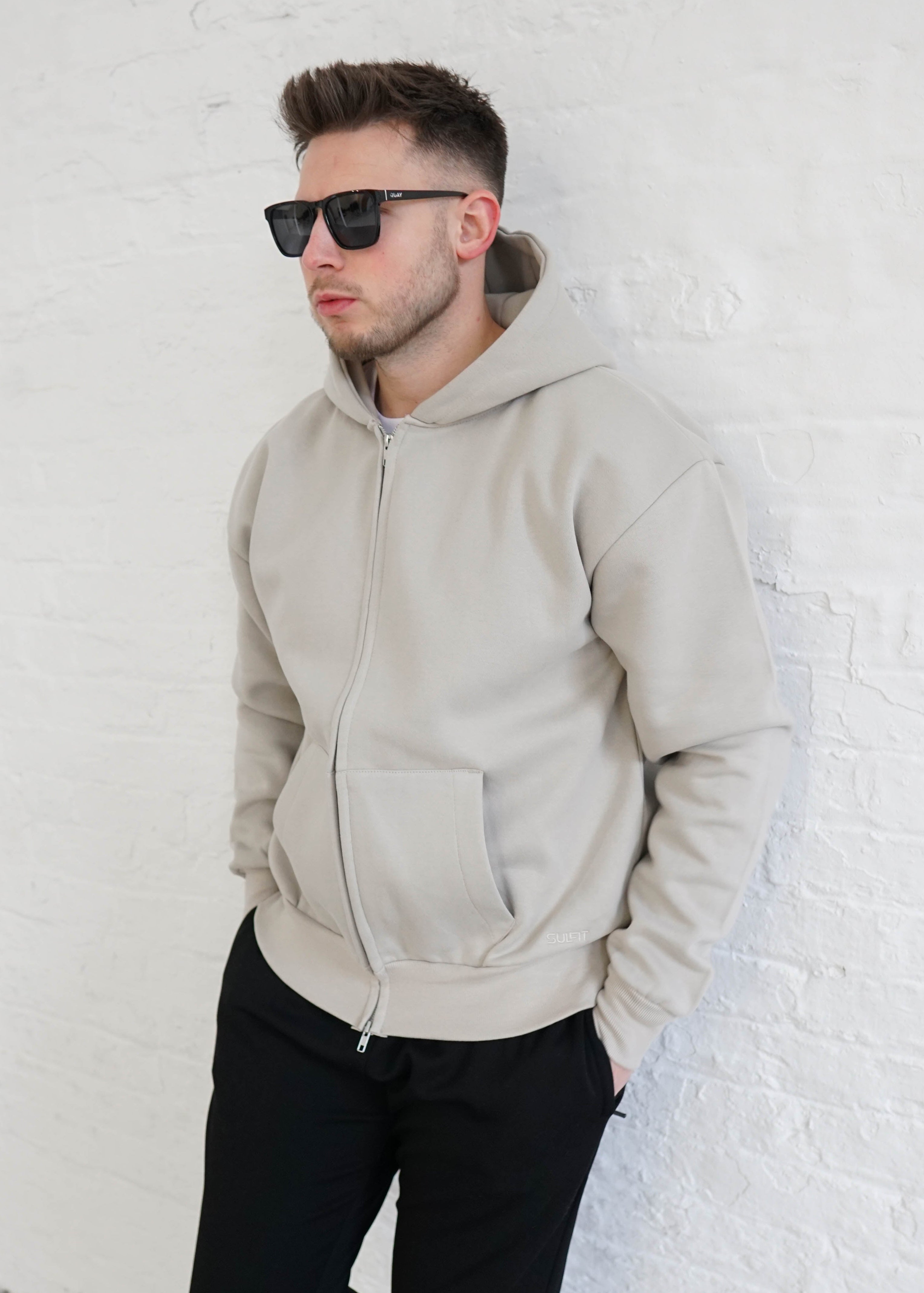 Premium Relaxed Zip Hoodie In Stone