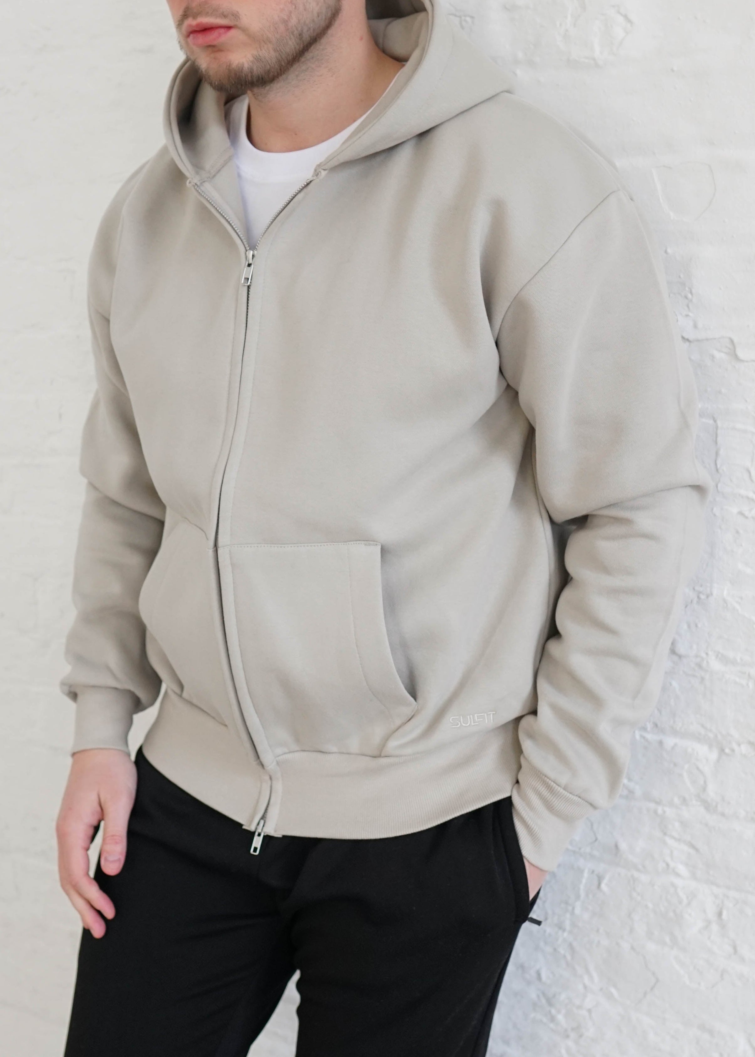 Premium Relaxed Zip Hoodie In Stone