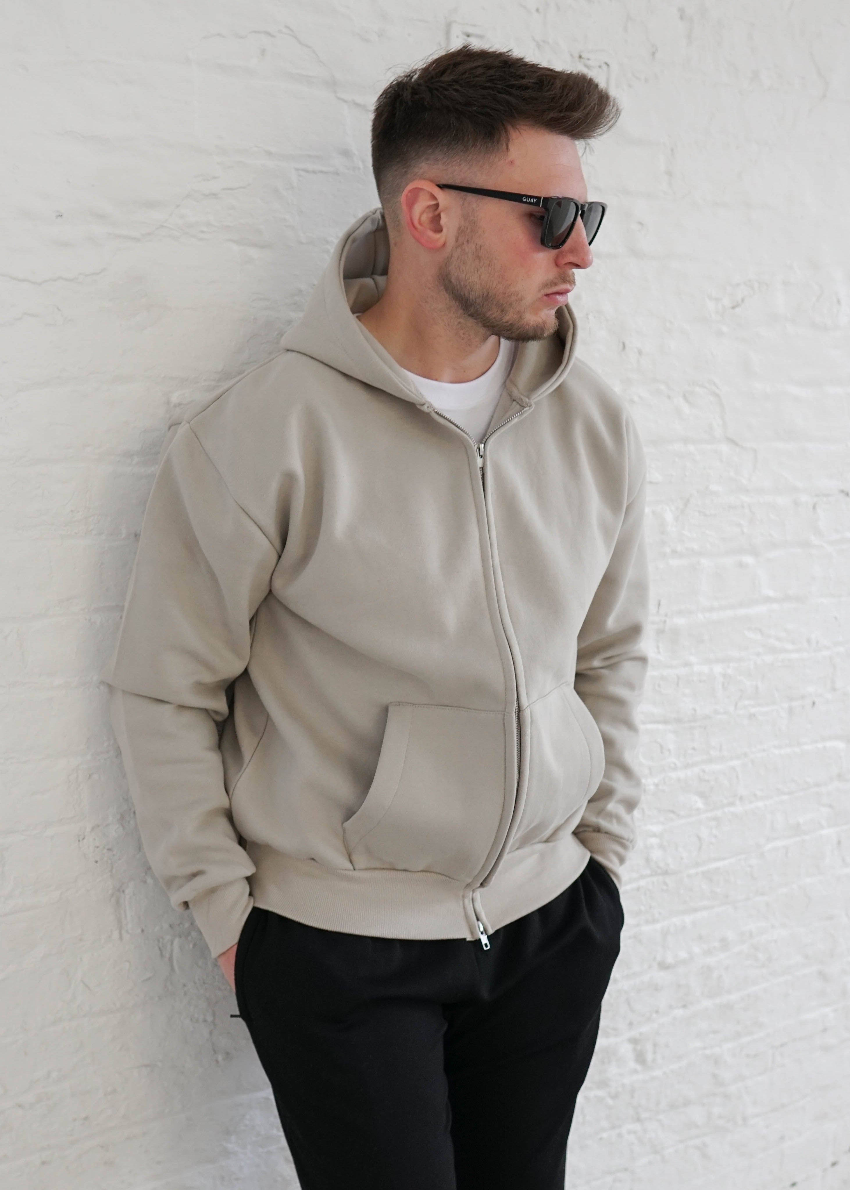 Premium Relaxed Zip Hoodie In Stone