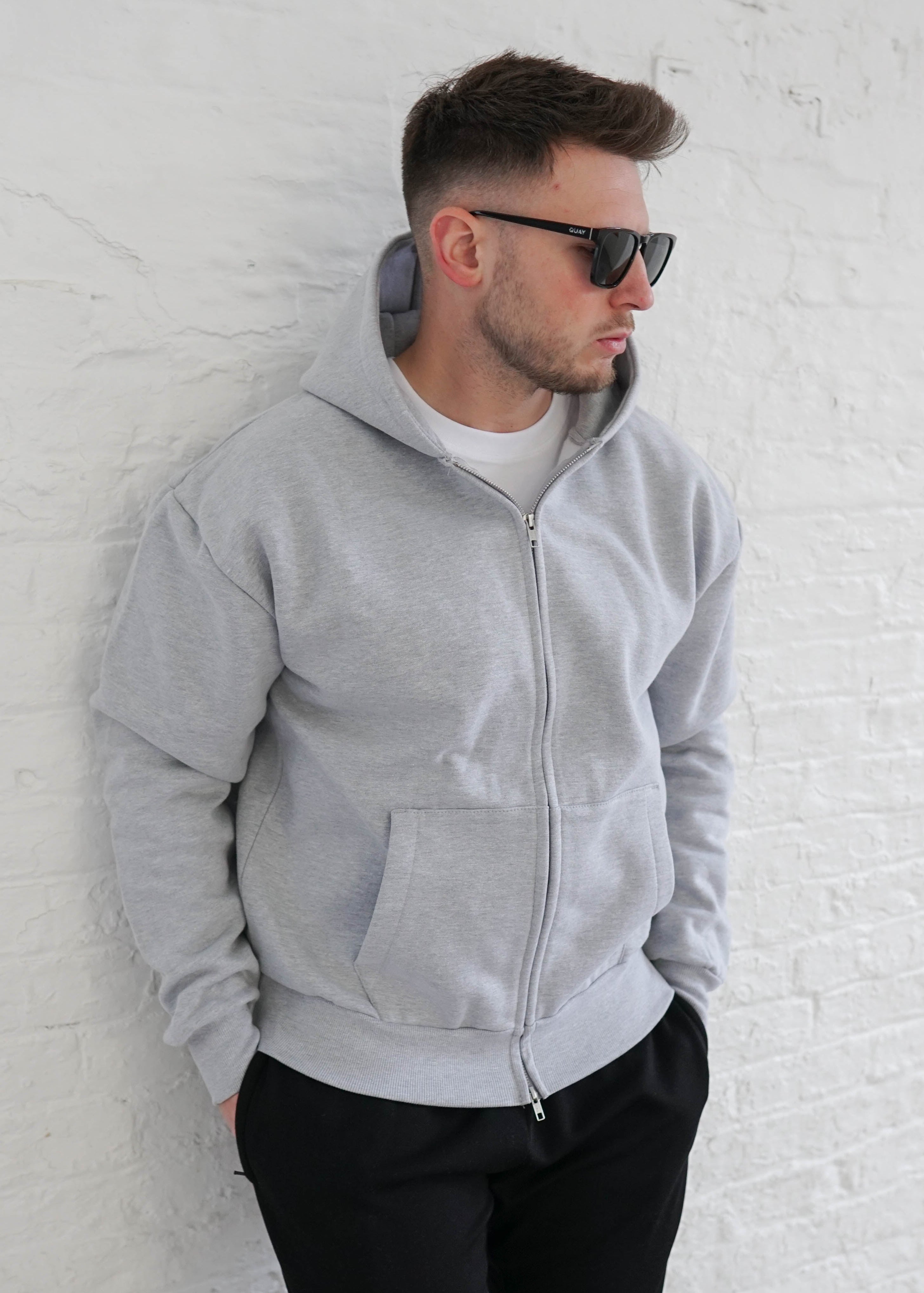 Premium Relaxed Zip Hoodie In Heather Grey