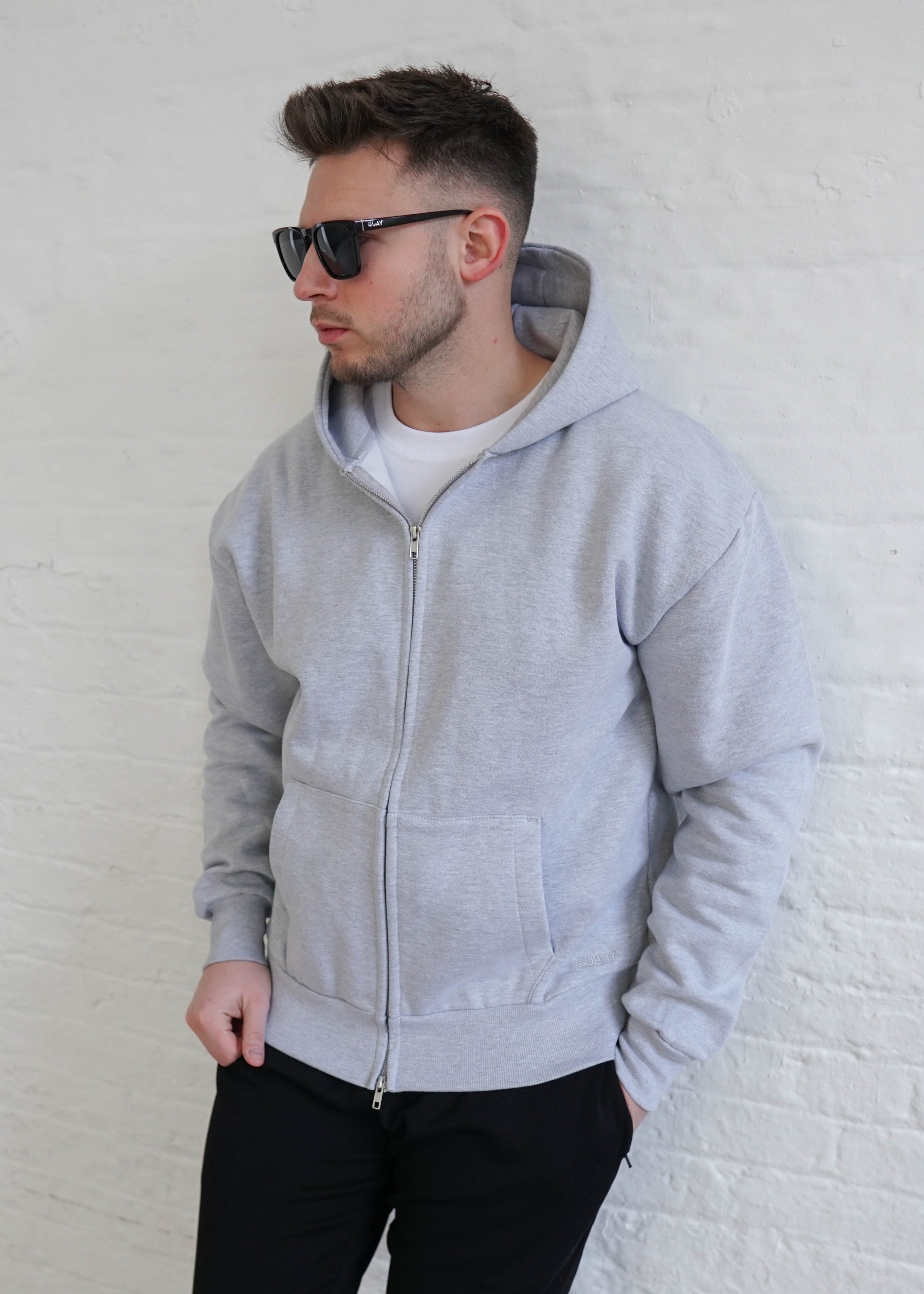 Premium Relaxed Zip Hoodie In Heather Grey