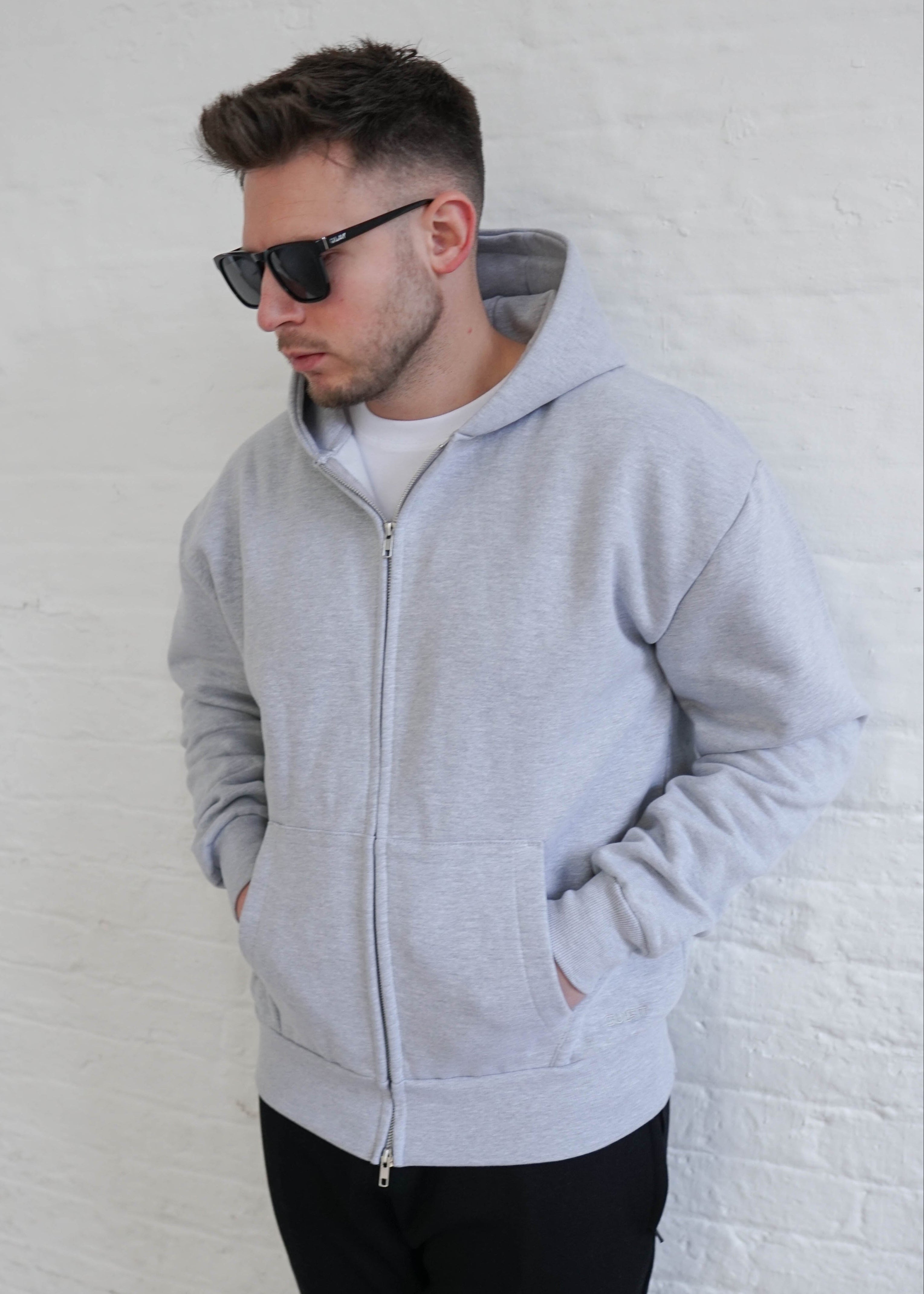 Premium Relaxed Zip Hoodie In Heather Grey
