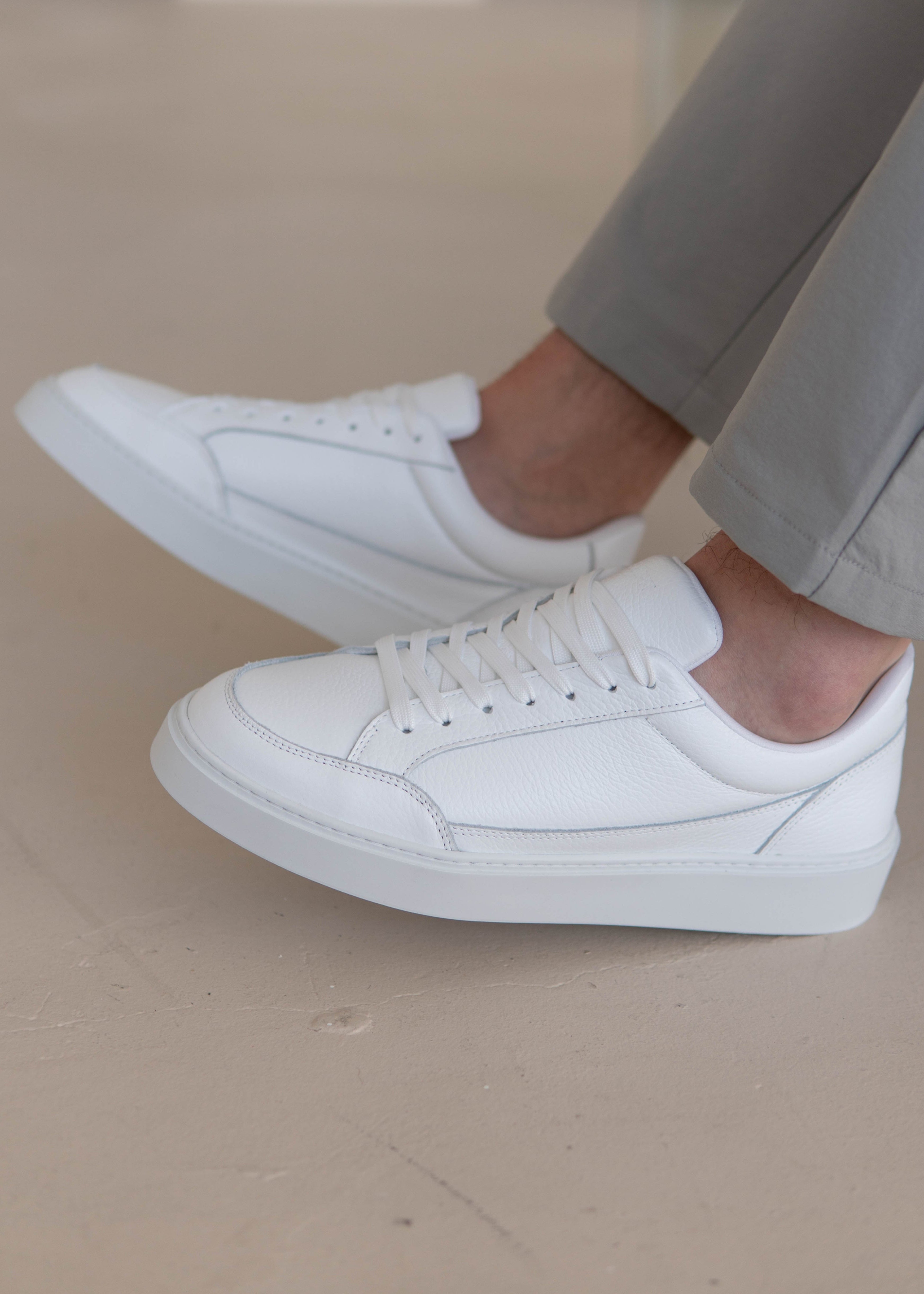 Premium Leather Trainer In Triple White