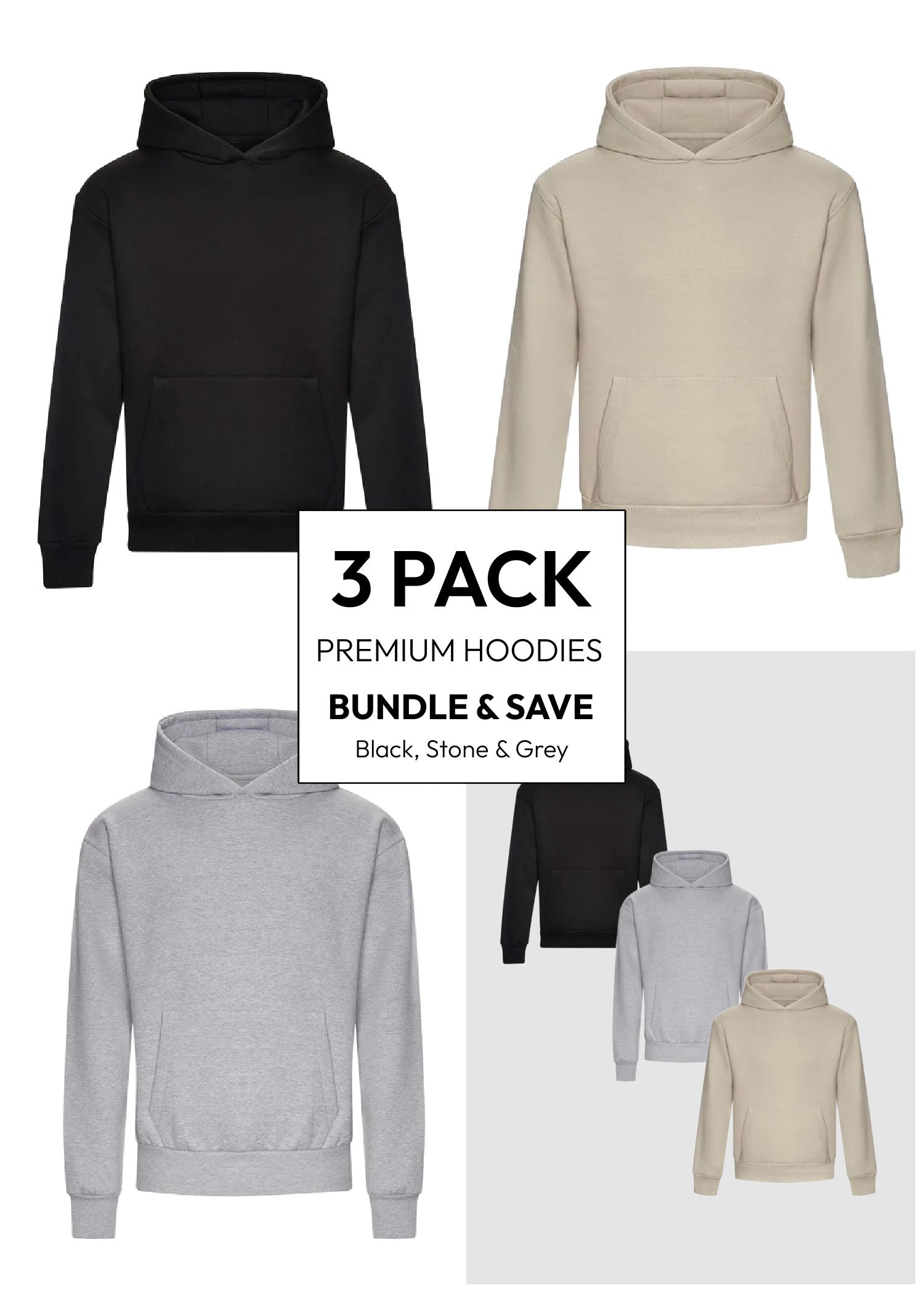 Premium Relaxed Hoodie Stone, Black & Heather Grey 3 Pack
