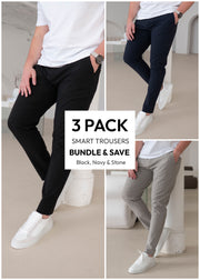 Smart Stretch Trousers Black, Navy & Stone 3 Pack