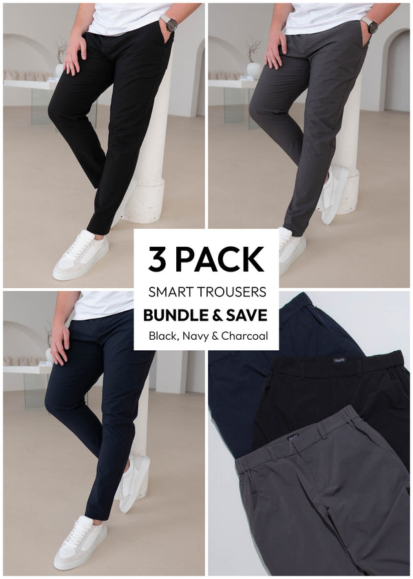 Smart Stretch Trousers Black, Navy & Charcoal 3 Pack