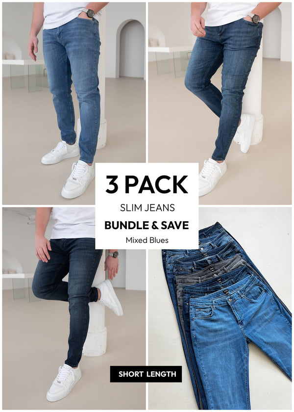 Slim Comfort Jeans Light Blue, Mid Blue, Midnight Dark Blue 3 Pack (Short Length)