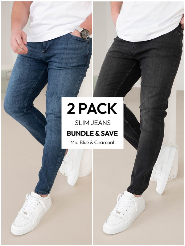 Slim Comfort Jeans Mid Blue & Charcoal 2 Pack