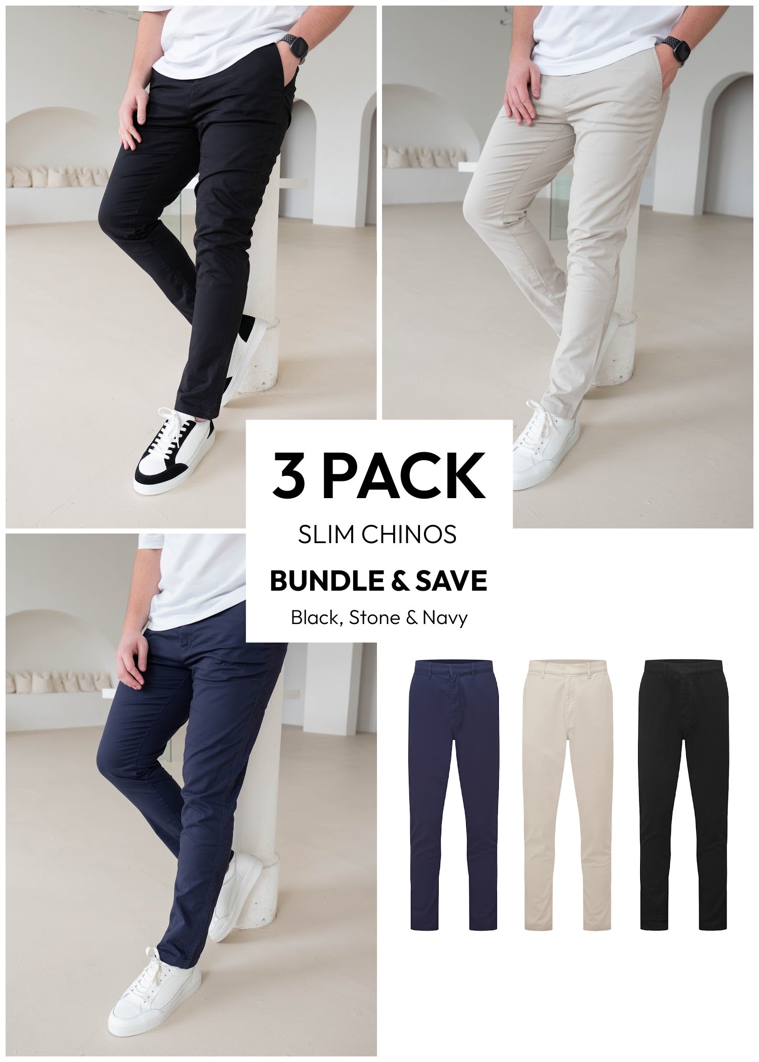 Slim Comfort Chinos Black, Navy & Stone 3 Pack
