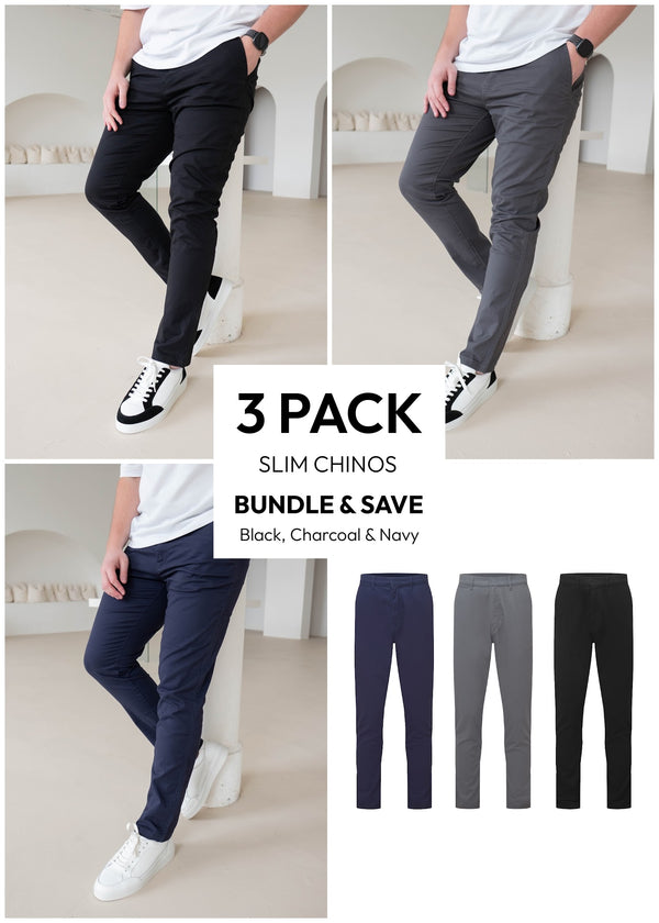 Slim Comfort Chinos Black, Navy & Charcoal 3 Pack