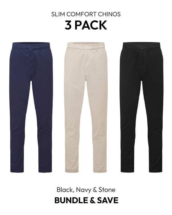 Slim Comfort Chinos Black, Navy & Stone 3 Pack