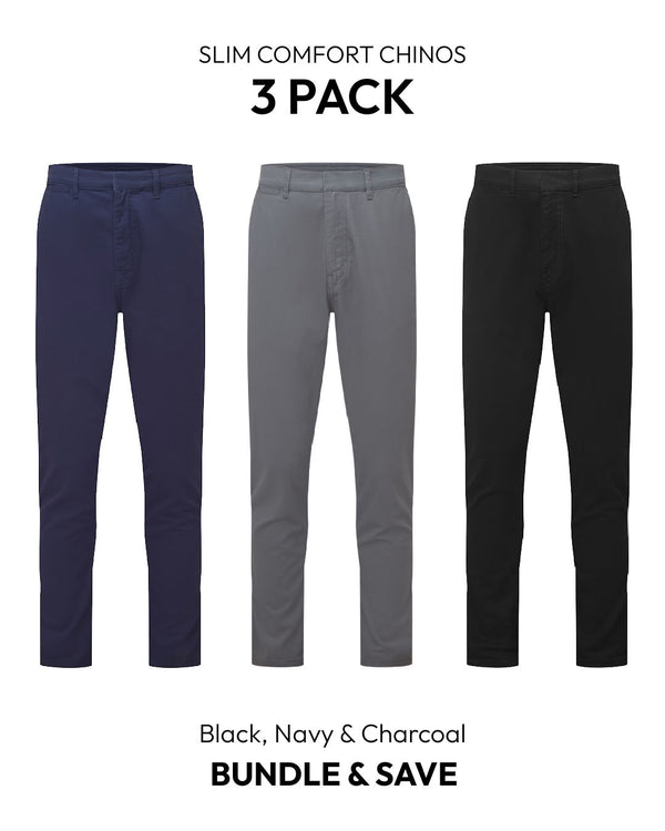 Slim Comfort Chinos Black, Navy & Charcoal 3 Pack