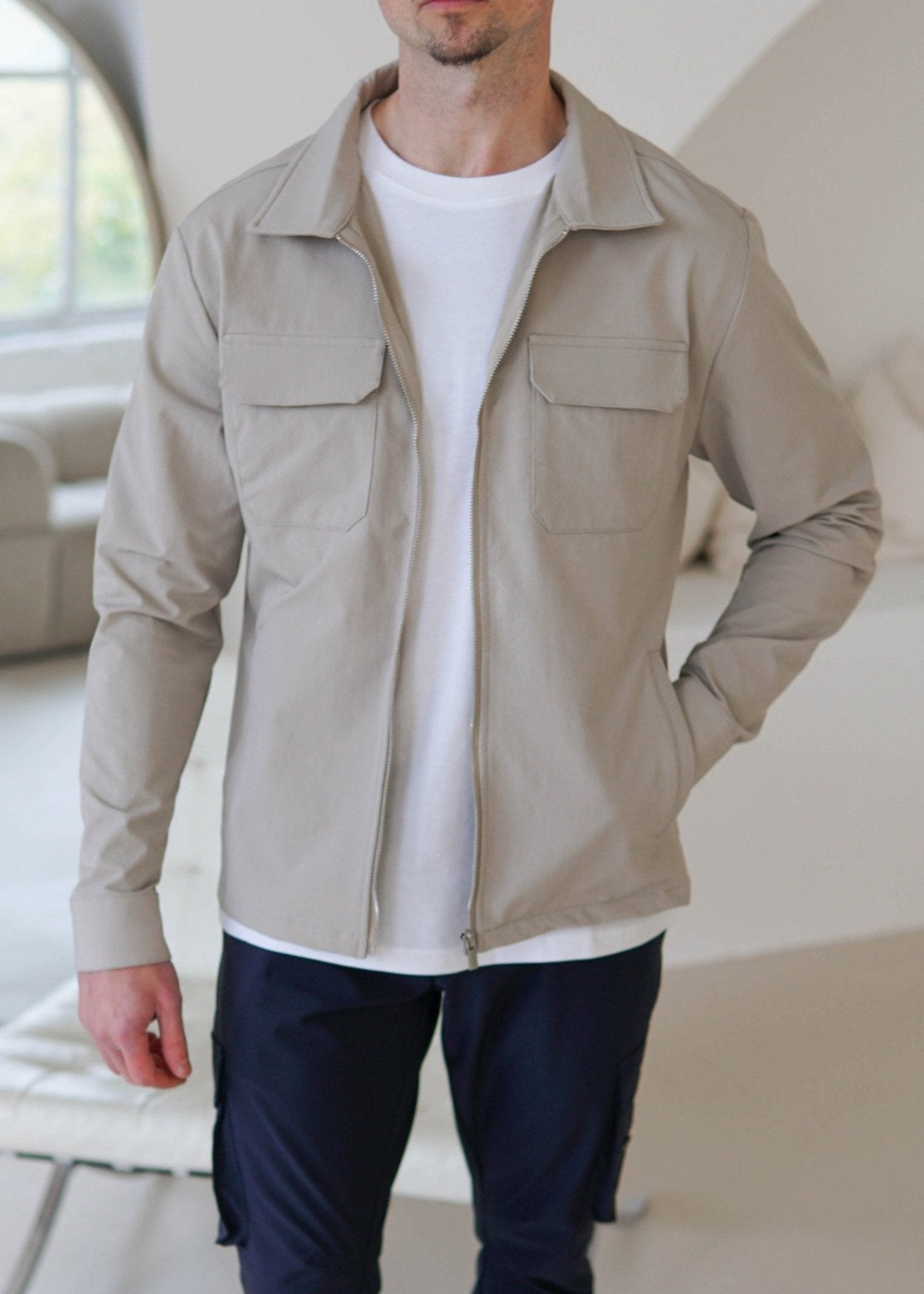 Tech Stretch Cargo Jacket In Stone