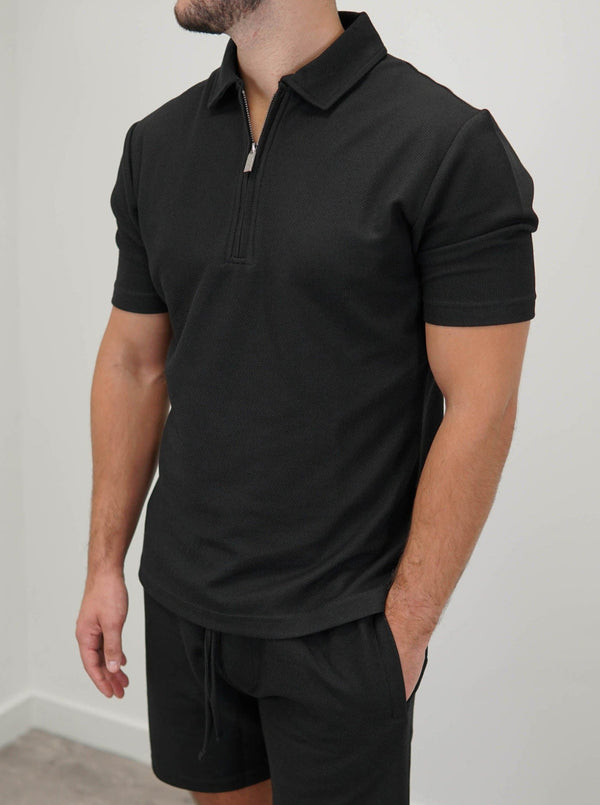 Textured Zip Polo Shirt In Black