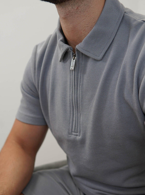 Textured Zip Polo Shirt In Mid Grey