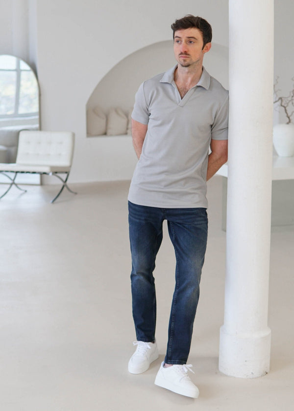 Luxe Open Collar Polo Shirt In Grey