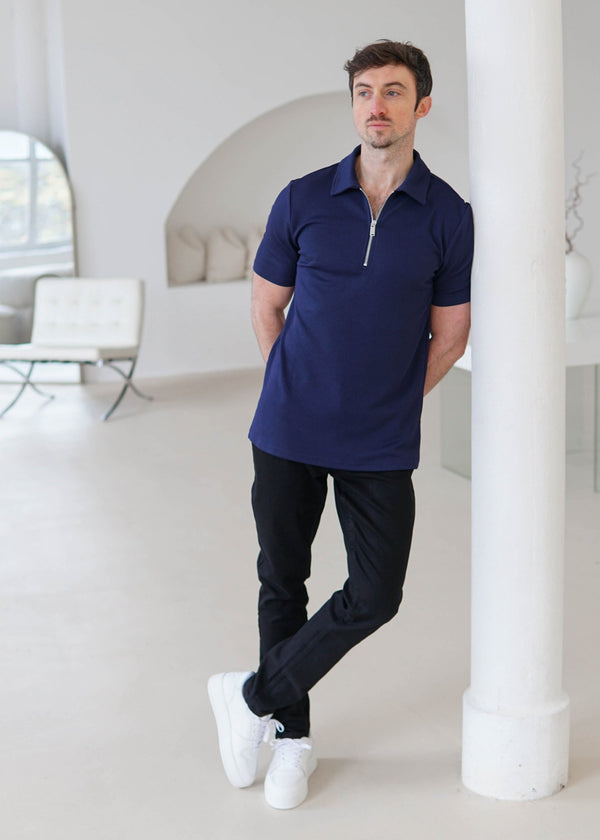 Luxe Zip Polo Shirt In Navy