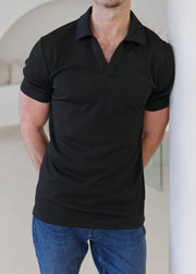 Luxe Open Collar Polo Shirt In Black - Sulfit Clothing