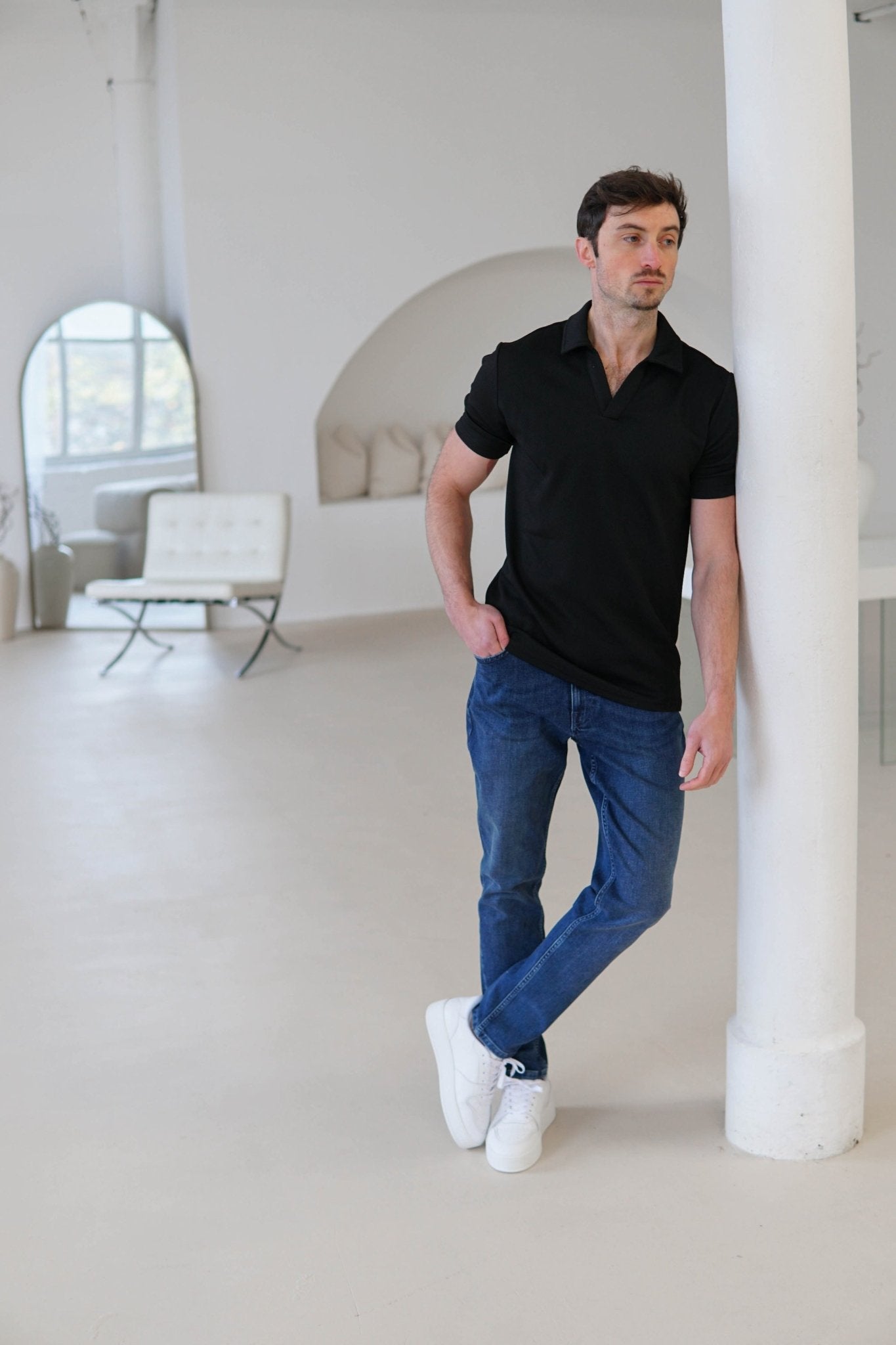 Luxe Open Collar Polo Shirt In Black - Sulfit Clothing