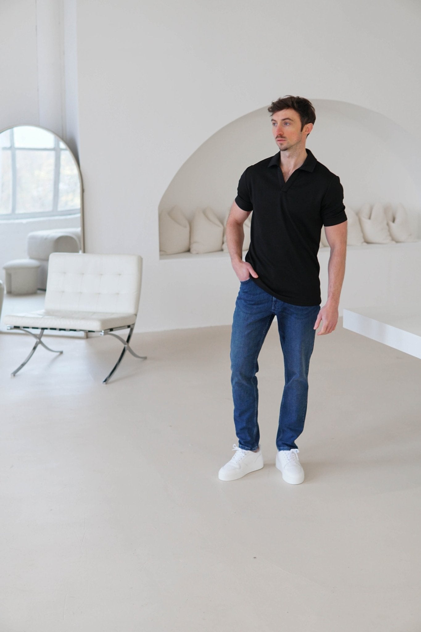 Luxe Open Collar Polo Shirt In Black - Sulfit Clothing