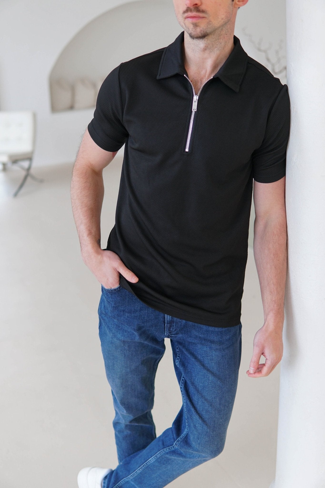 Luxe Zip Polo Shirt In Black - Sulfit Clothing