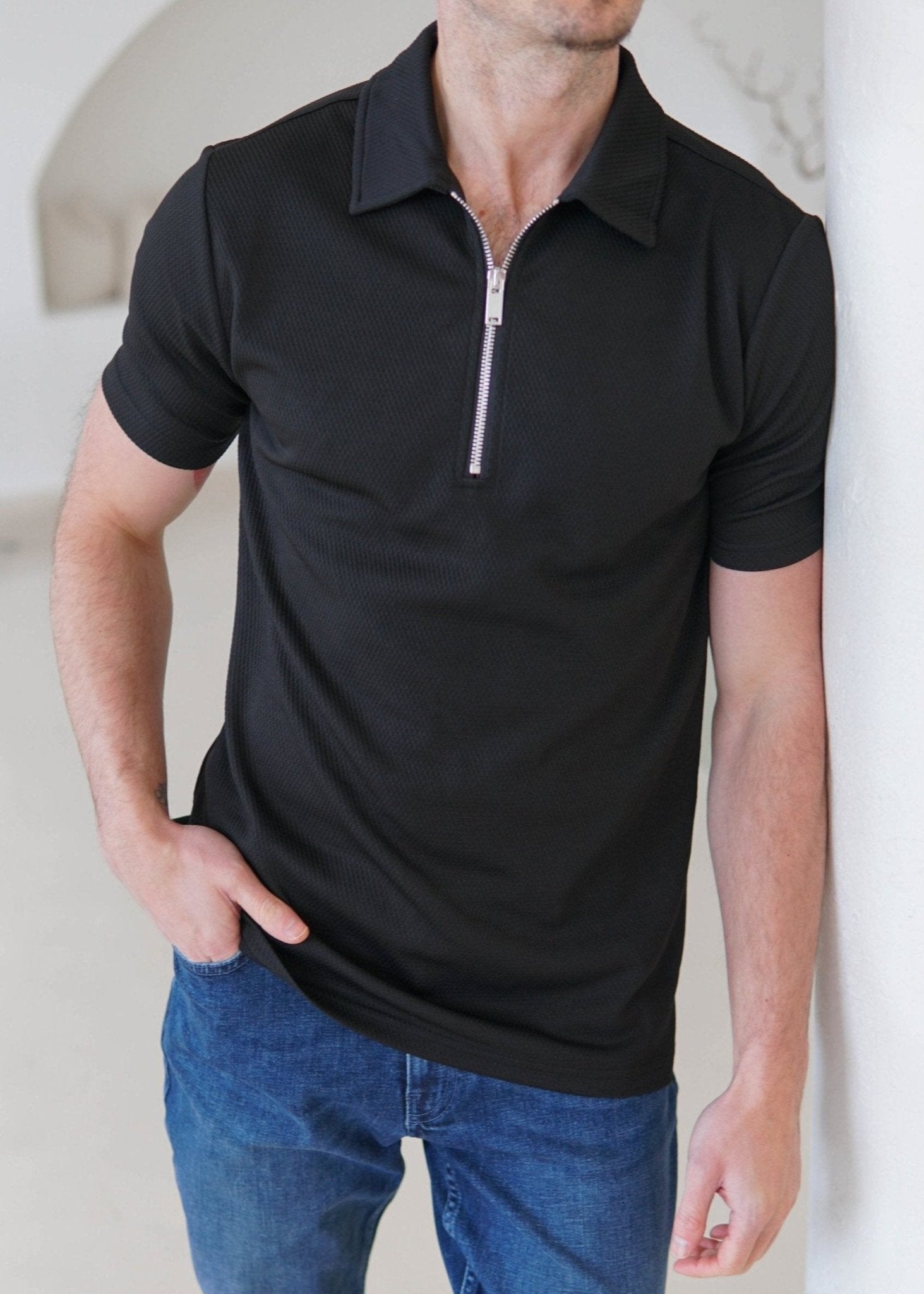 Luxe Zip Polo Shirt In Black - Sulfit Clothing
