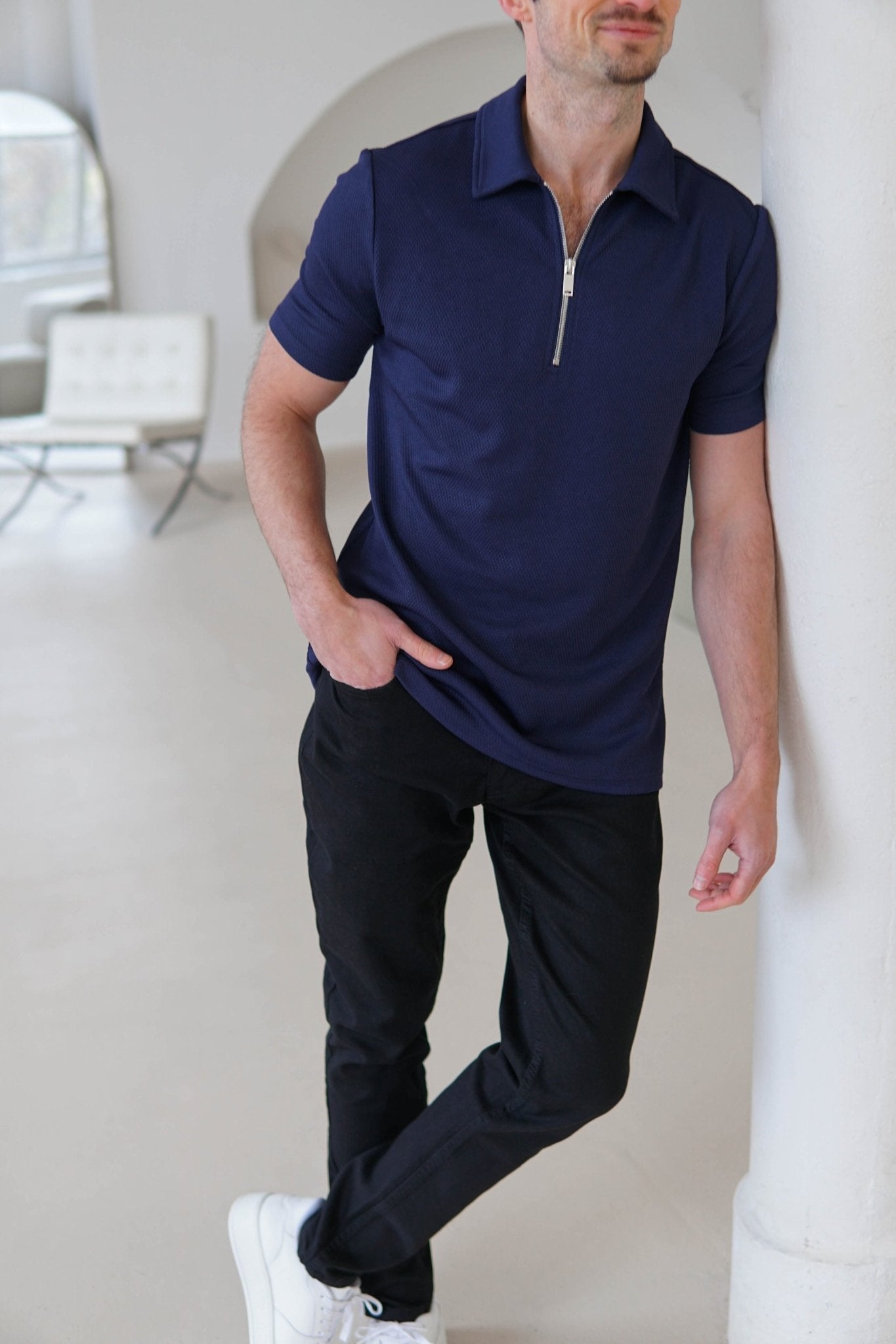 Luxe Zip Polo Shirt In Navy - Sulfit Clothing