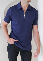 Luxe Zip Polo Shirt In Navy - Sulfit Clothing
