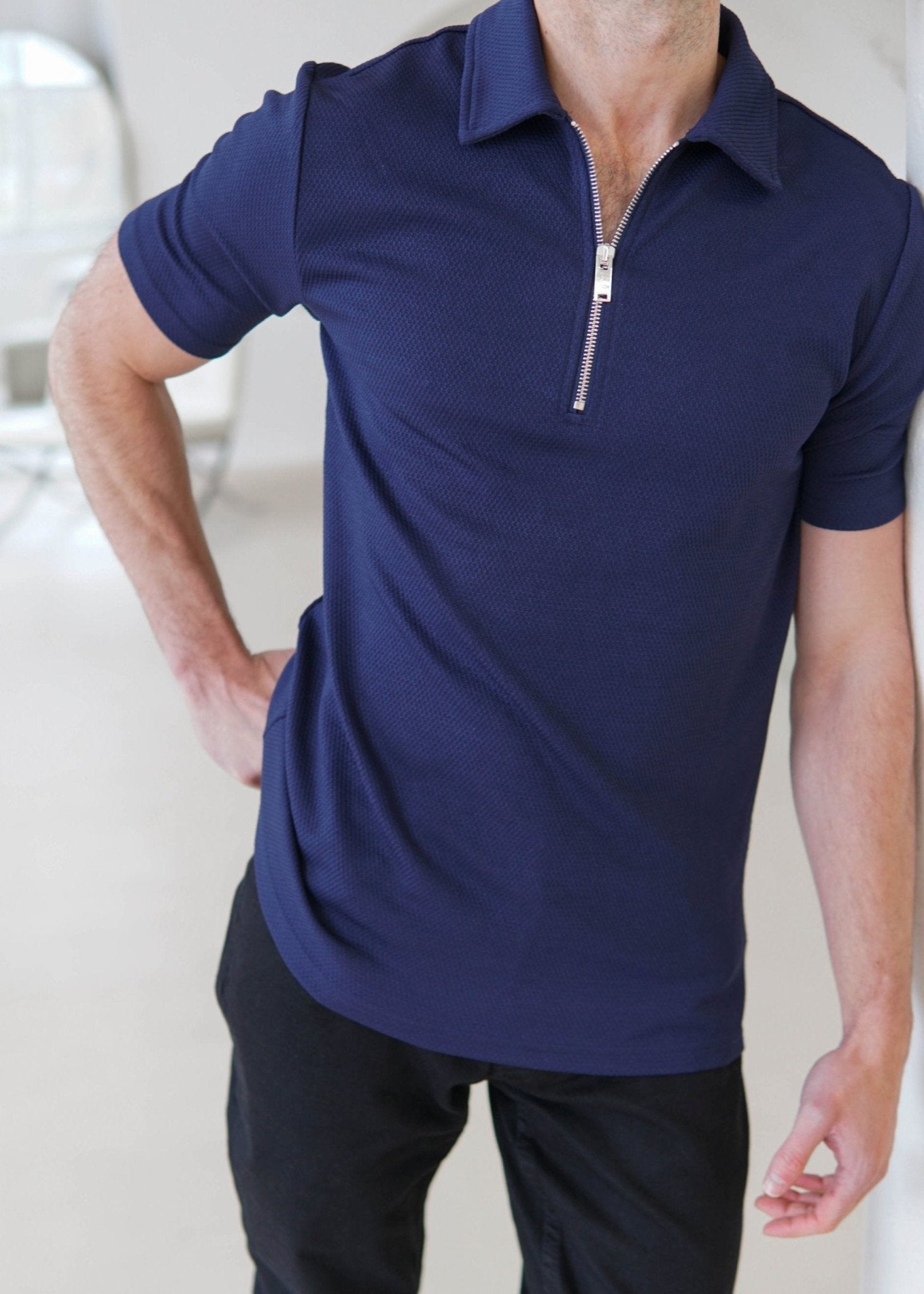 Luxe Zip Polo Shirt In Navy - Sulfit Clothing