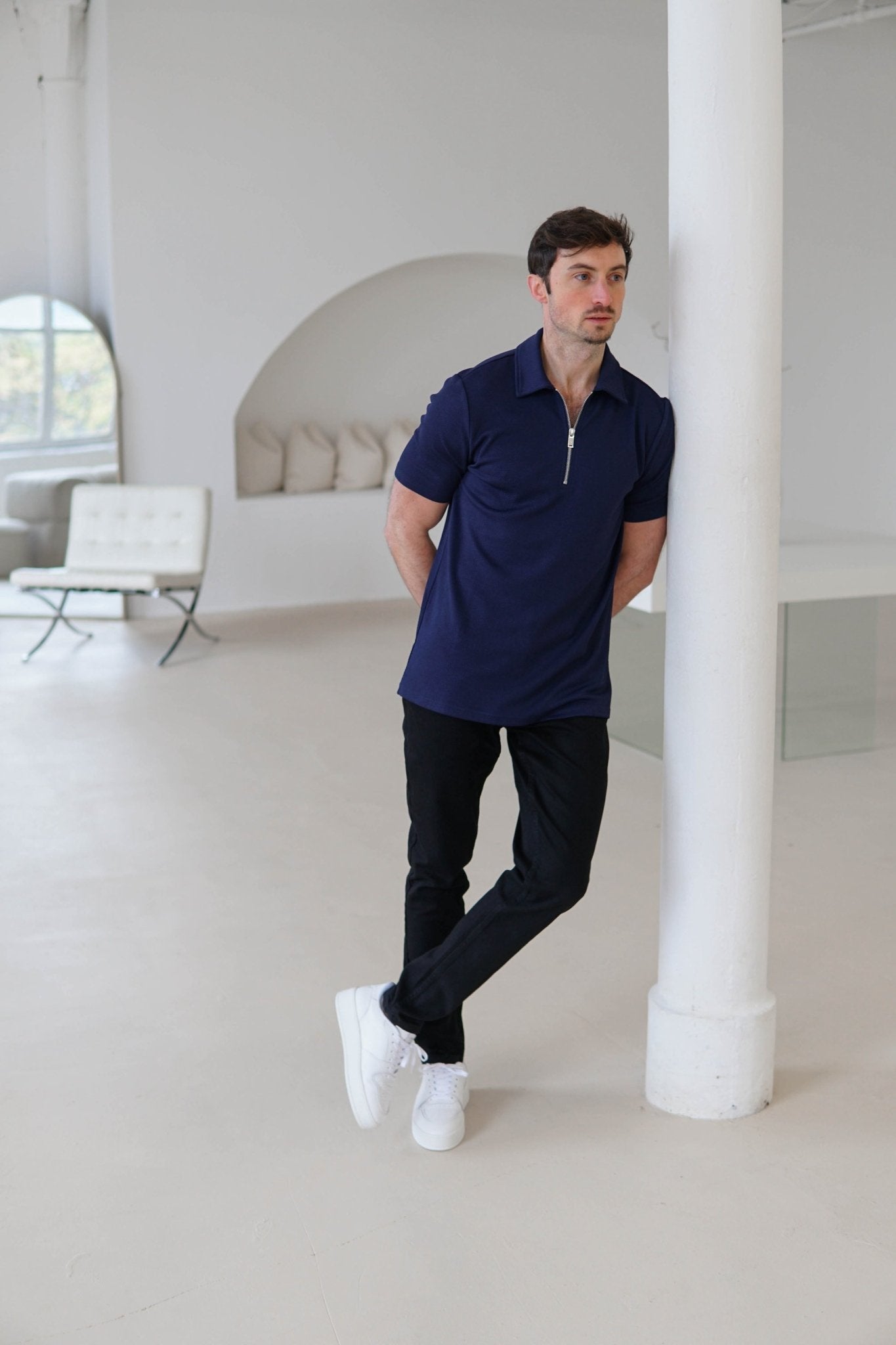 Luxe Zip Polo Shirt In Navy - Sulfit Clothing